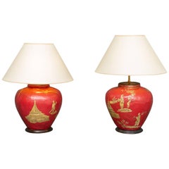 Pair of Handmade Parish Hadley Chinoiserie Decorated Lamps