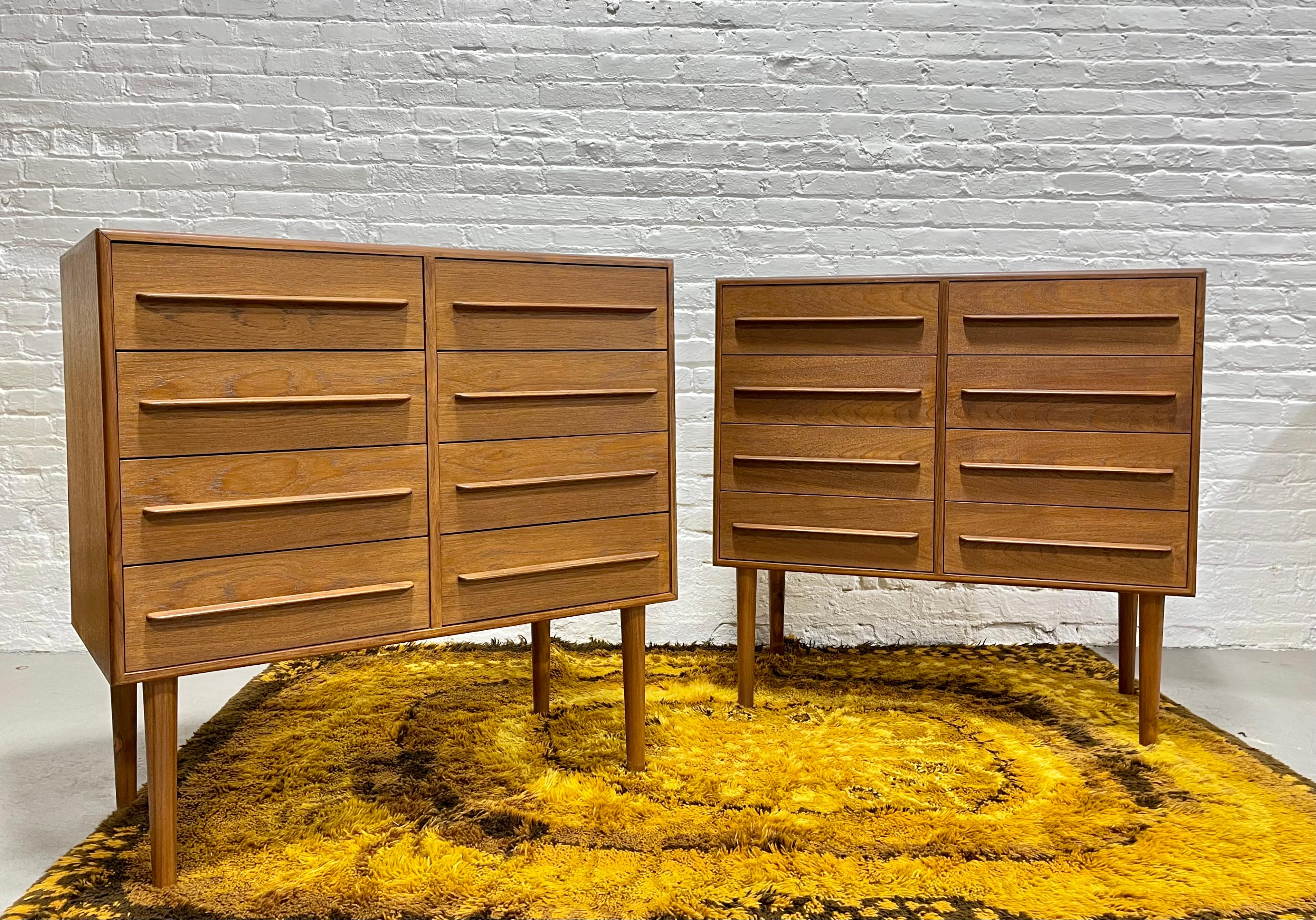 Exceptional Mid-Century Modern styled Teak Handmade dresser with eight drawers. Knife edge drawer pulls and long tapered legs. Perfect as a bedroom dresser, nursery or entryway cabinet. Finished back.