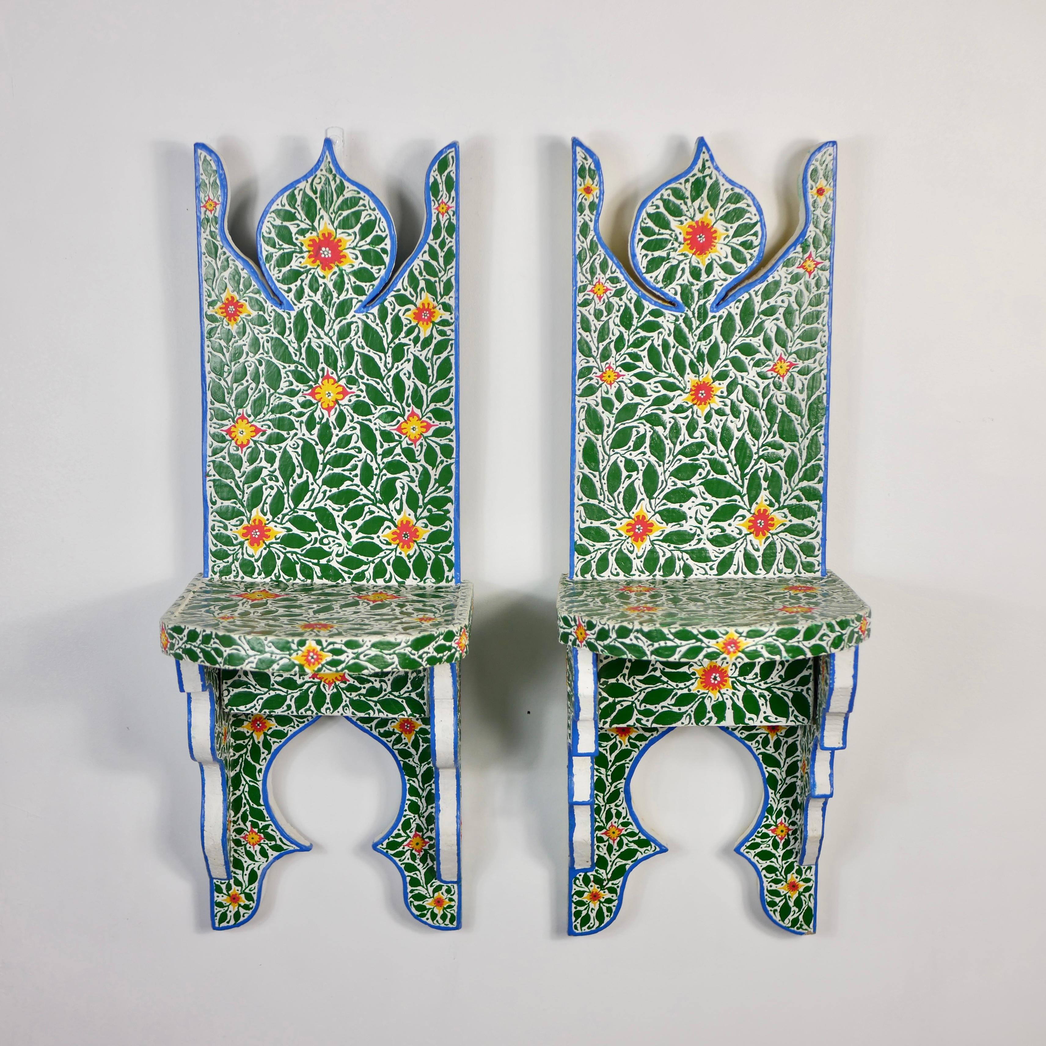 Wood Pair of handmade Folk Art Tunisian bedside tables or shelves For Sale
