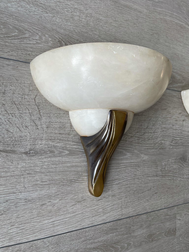 Pair of Handmade French Art Deco Style Alabaster & Bronze Sconces / Wall Lights For Sale 8