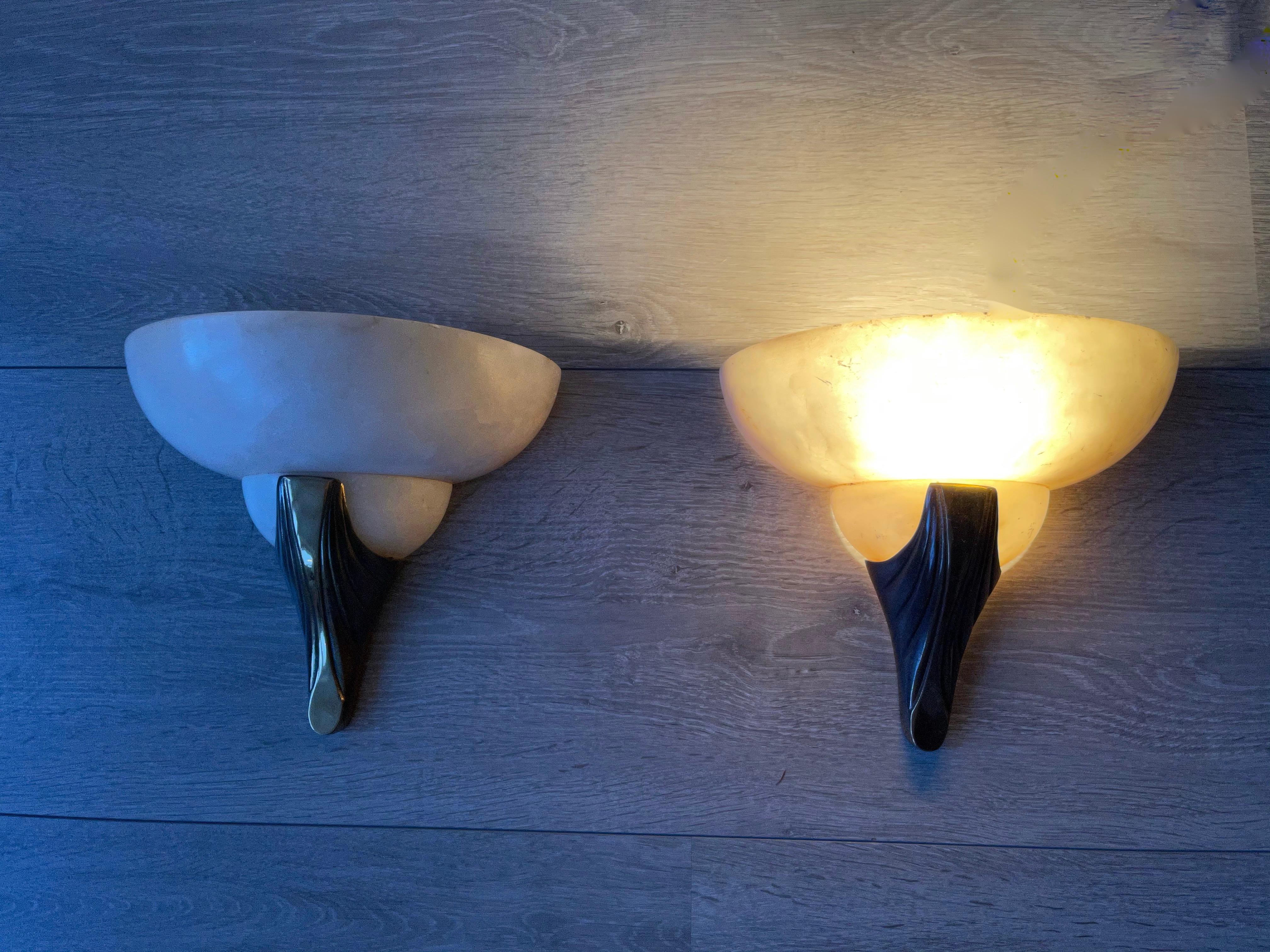 Pair of Handmade French Art Deco Style Alabaster & Bronze Sconces / Wall Lights For Sale 9