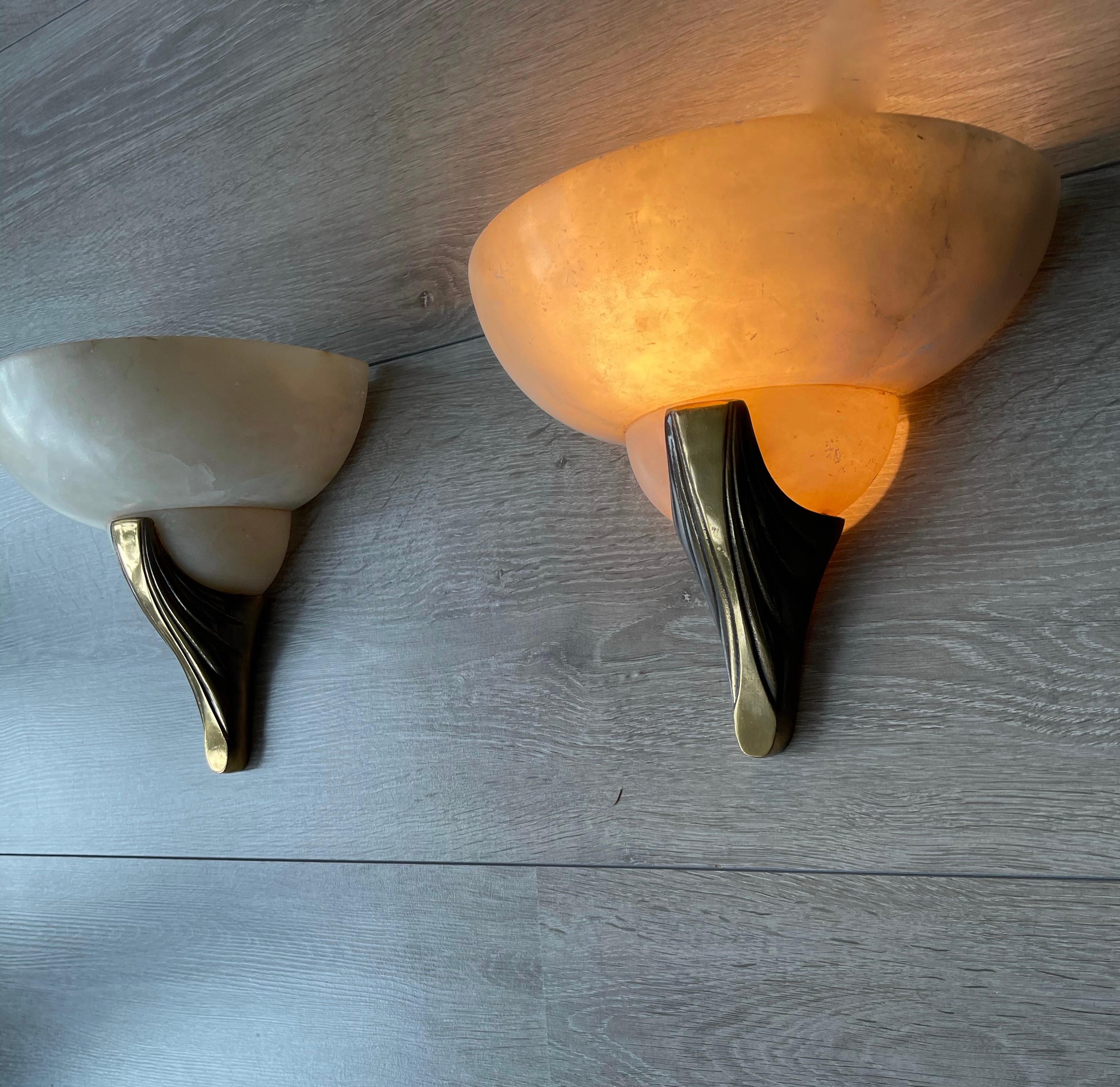 Pair of Handmade French Art Deco Style Alabaster & Bronze Sconces / Wall Lights For Sale 10