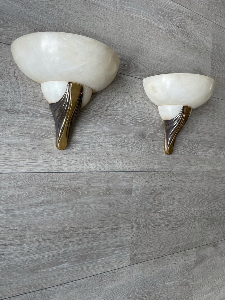 Pair of Handmade French Art Deco Style Alabaster & Bronze Sconces / Wall Lights For Sale 13