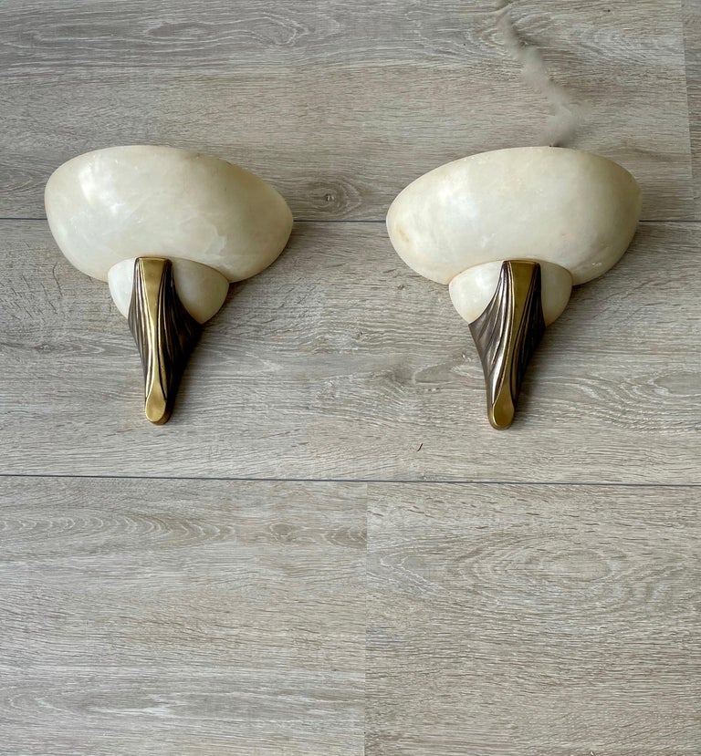 Pair of Handmade French Art Deco Style Alabaster & Bronze Sconces / Wall Lights For Sale 14