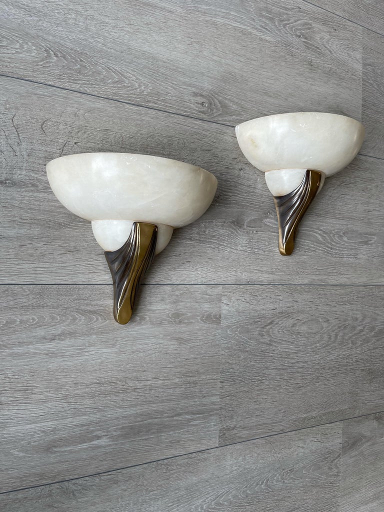 Pair of Handmade French Art Deco Style Alabaster & Bronze Sconces / Wall Lights For Sale 1