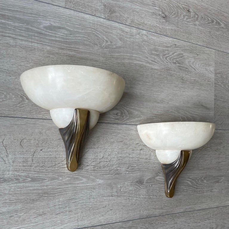 Pair of Handmade French Art Deco Style Alabaster & Bronze Sconces / Wall Lights For Sale 2