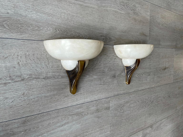 Pair of Handmade French Art Deco Style Alabaster & Bronze Sconces / Wall Lights For Sale 3