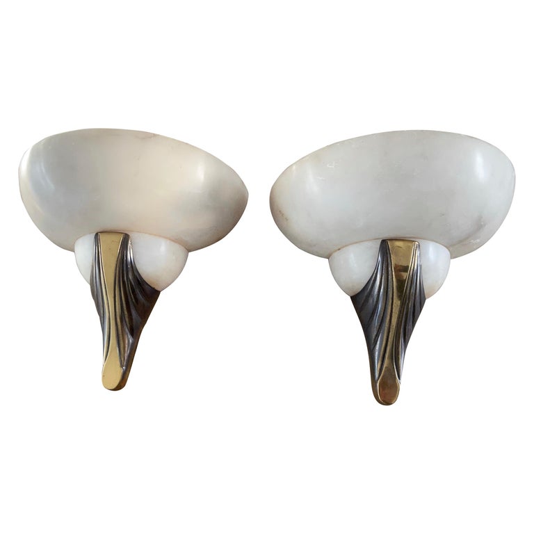 Pair of Handmade French Art Deco Style Alabaster & Bronze Sconces / Wall Lights For Sale