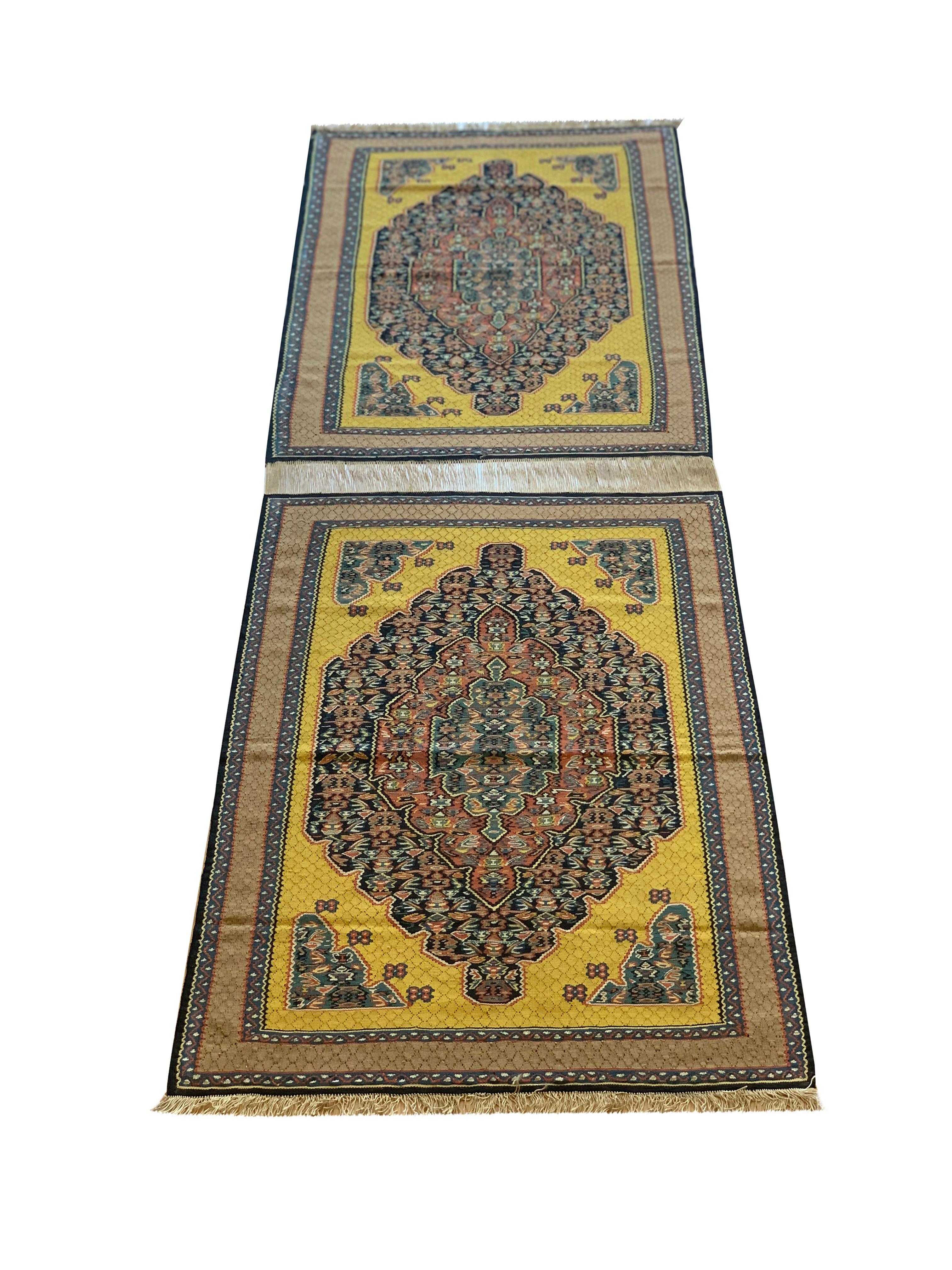 Pair of Handmade Kilim Rugs Two Traditional Yellow Wool & Silk Rugs For Sale 4