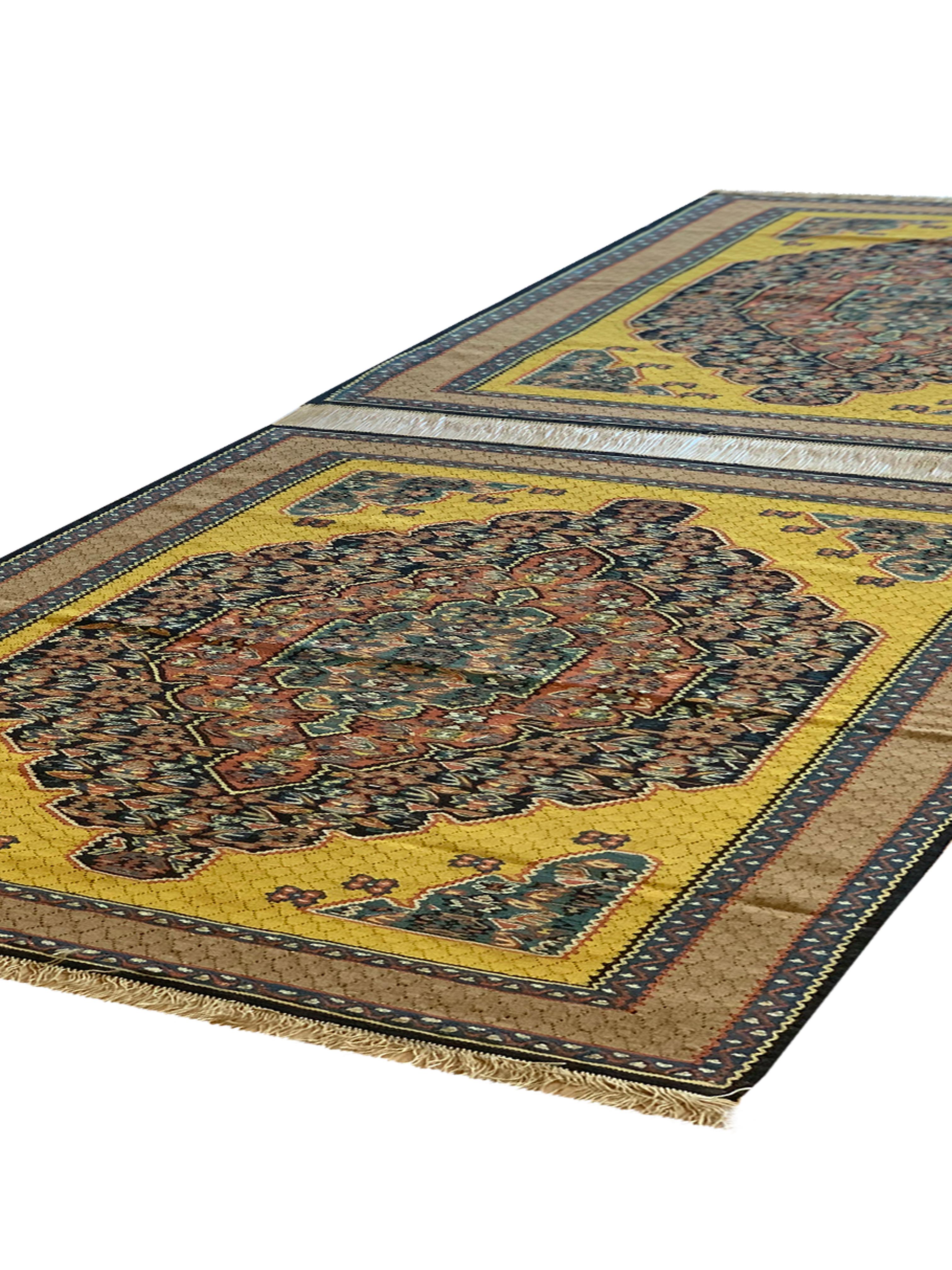 Pair of Handmade Kilim Rugs Two Traditional Yellow Wool & Silk Rugs For Sale 5