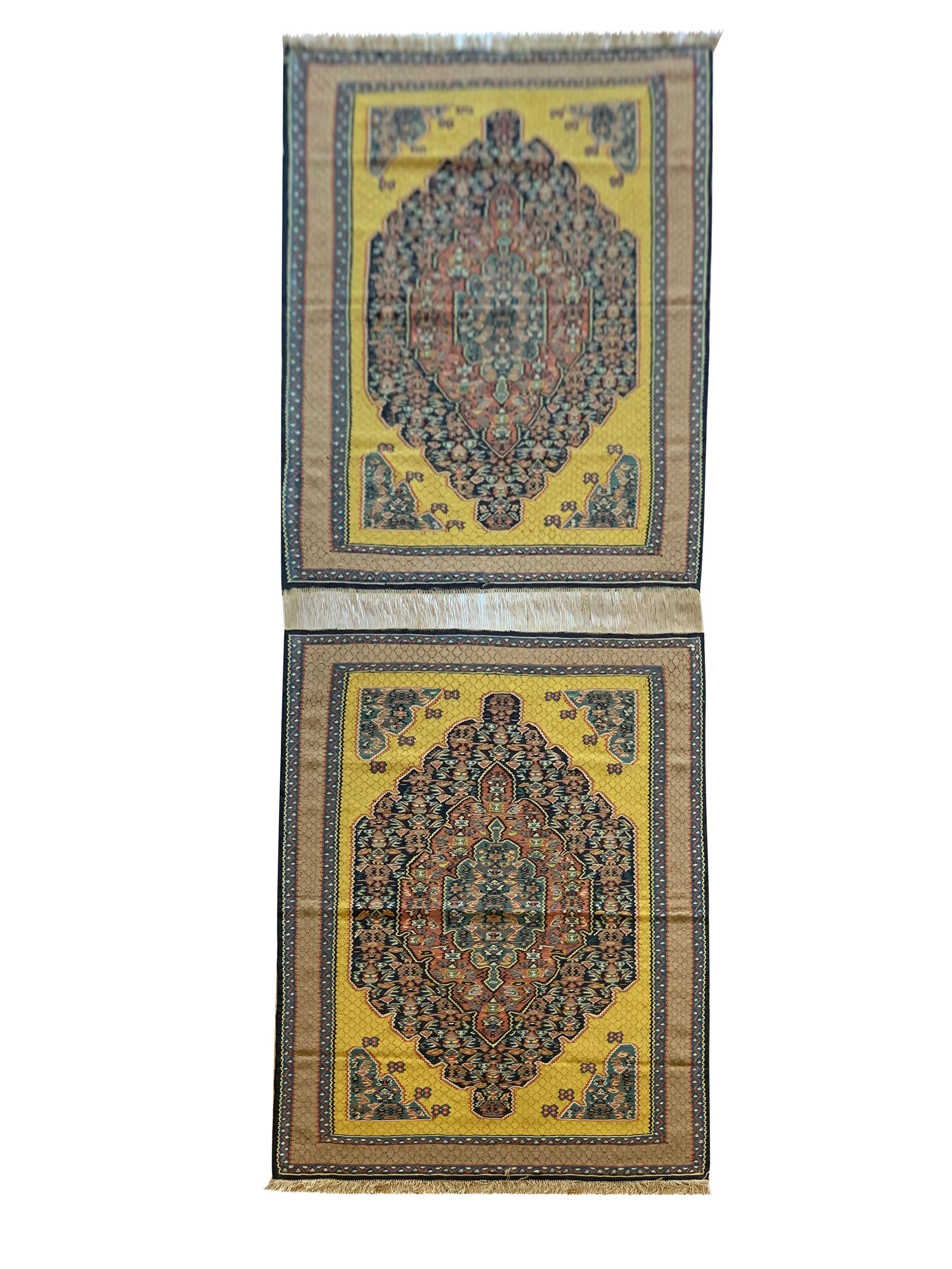 Pair of Handmade Kilim Rugs Two Traditional Yellow Wool & Silk Rugs For Sale 3