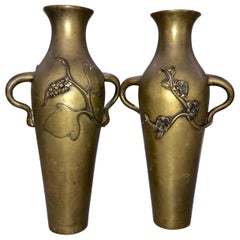 Pair of Handmade Meiji Era Bronze Art Nouveau Vases, Flowers and Grapevine