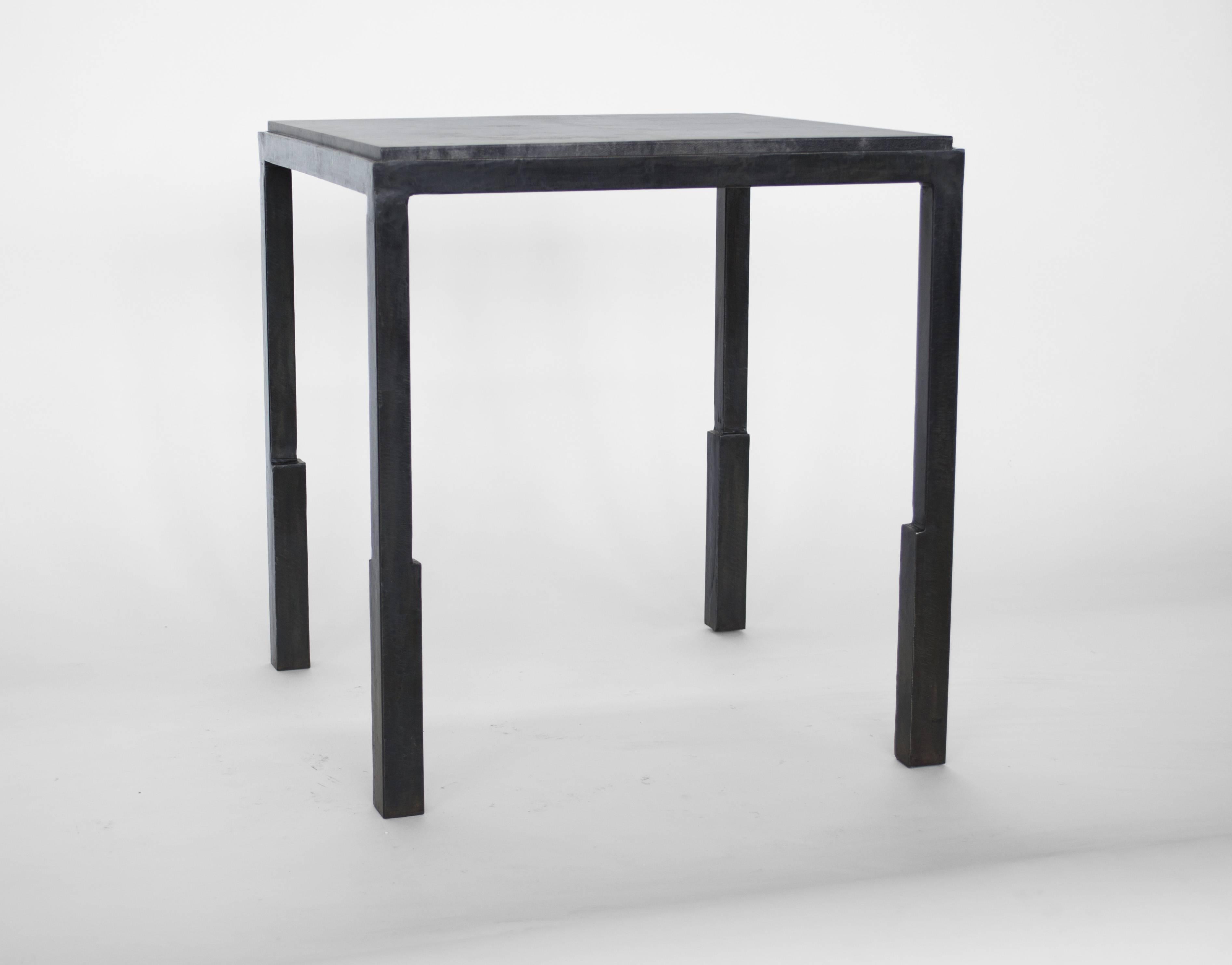Contemporary Parchment Side Table Pair Modern Geometric Stark Thick Handmade Blackened Steel For Sale