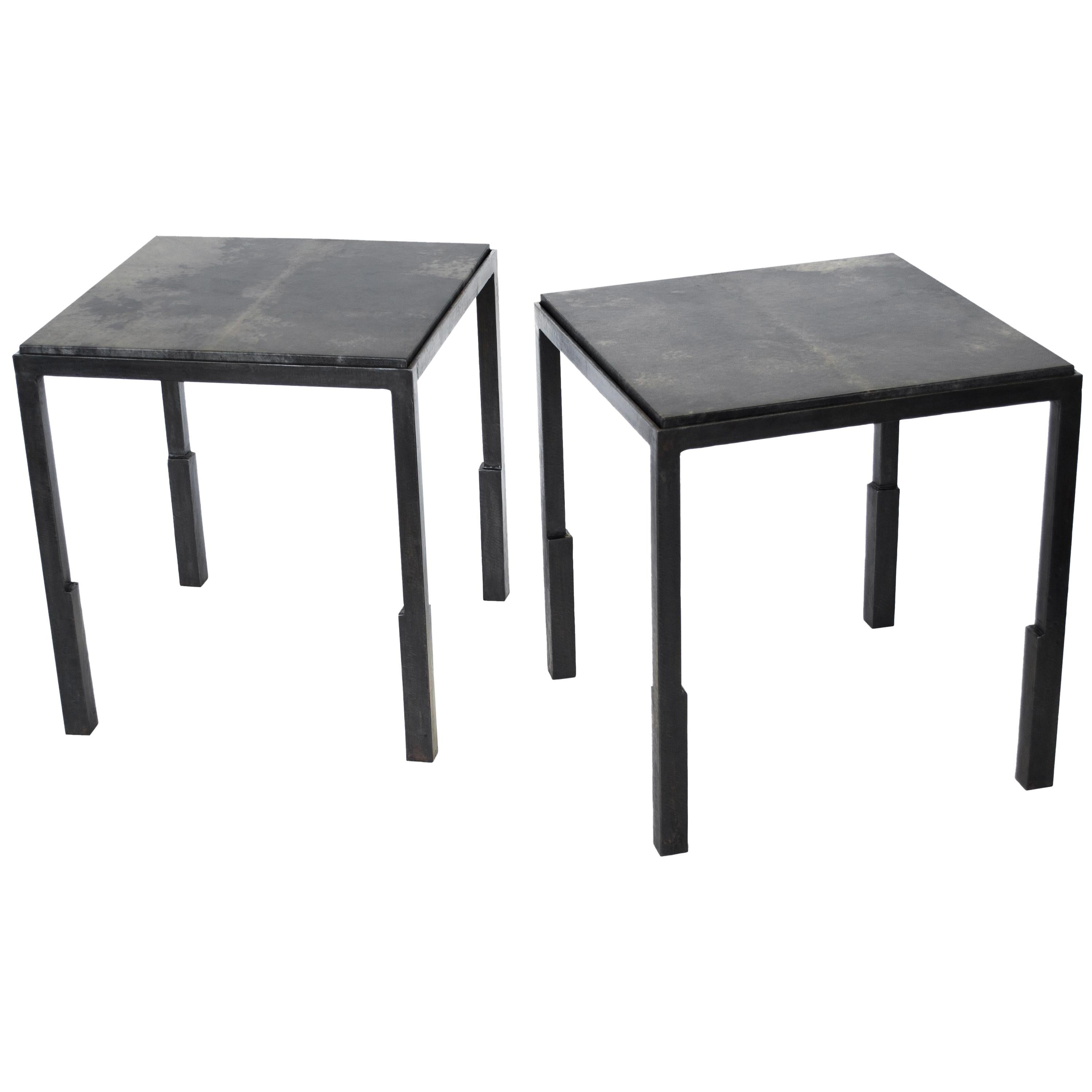 Parchment Side Table Pair Modern Geometric Stark Thick Handmade Blackened Steel