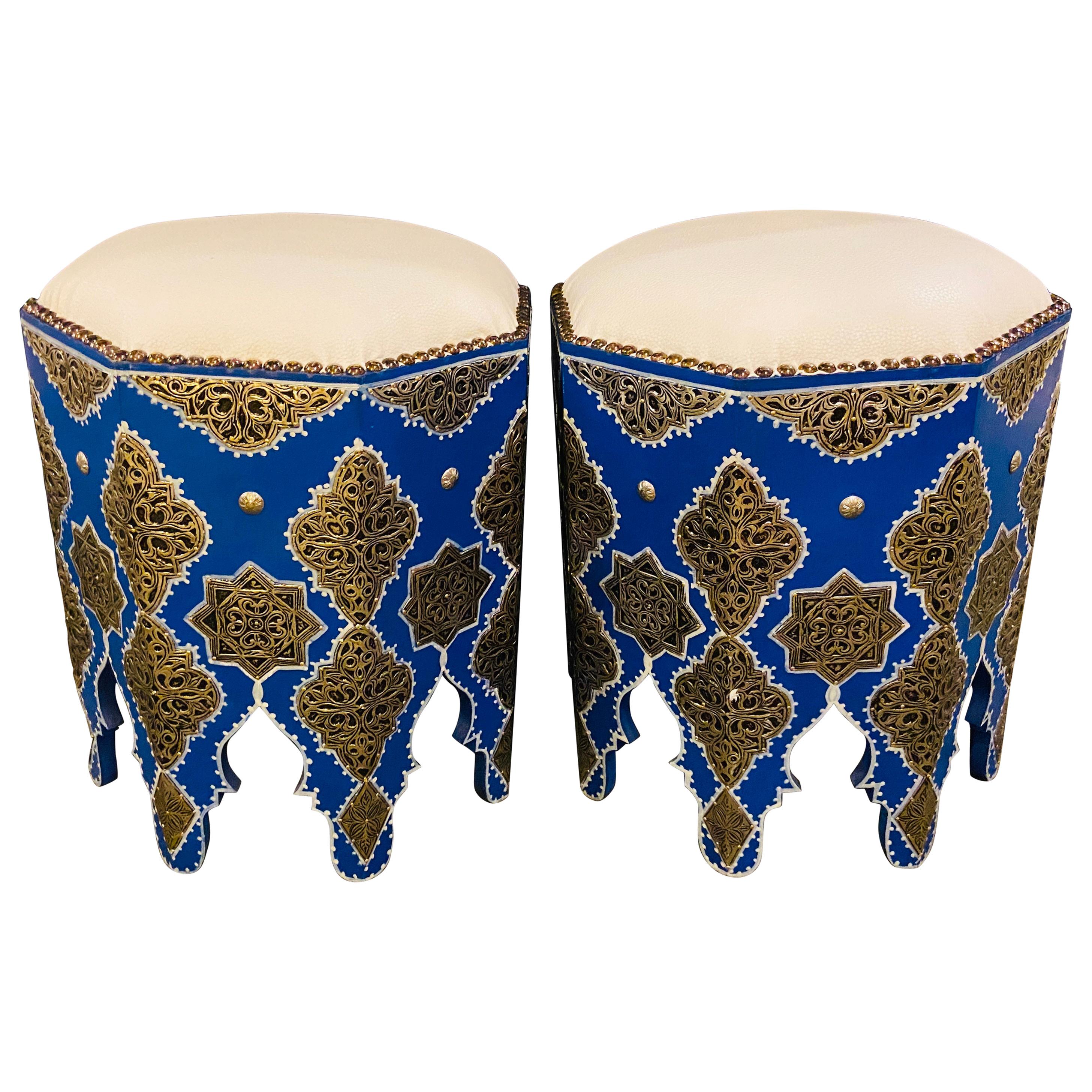 Moroccan Blue Stool or Ottoman with White Leather Top, a Pair