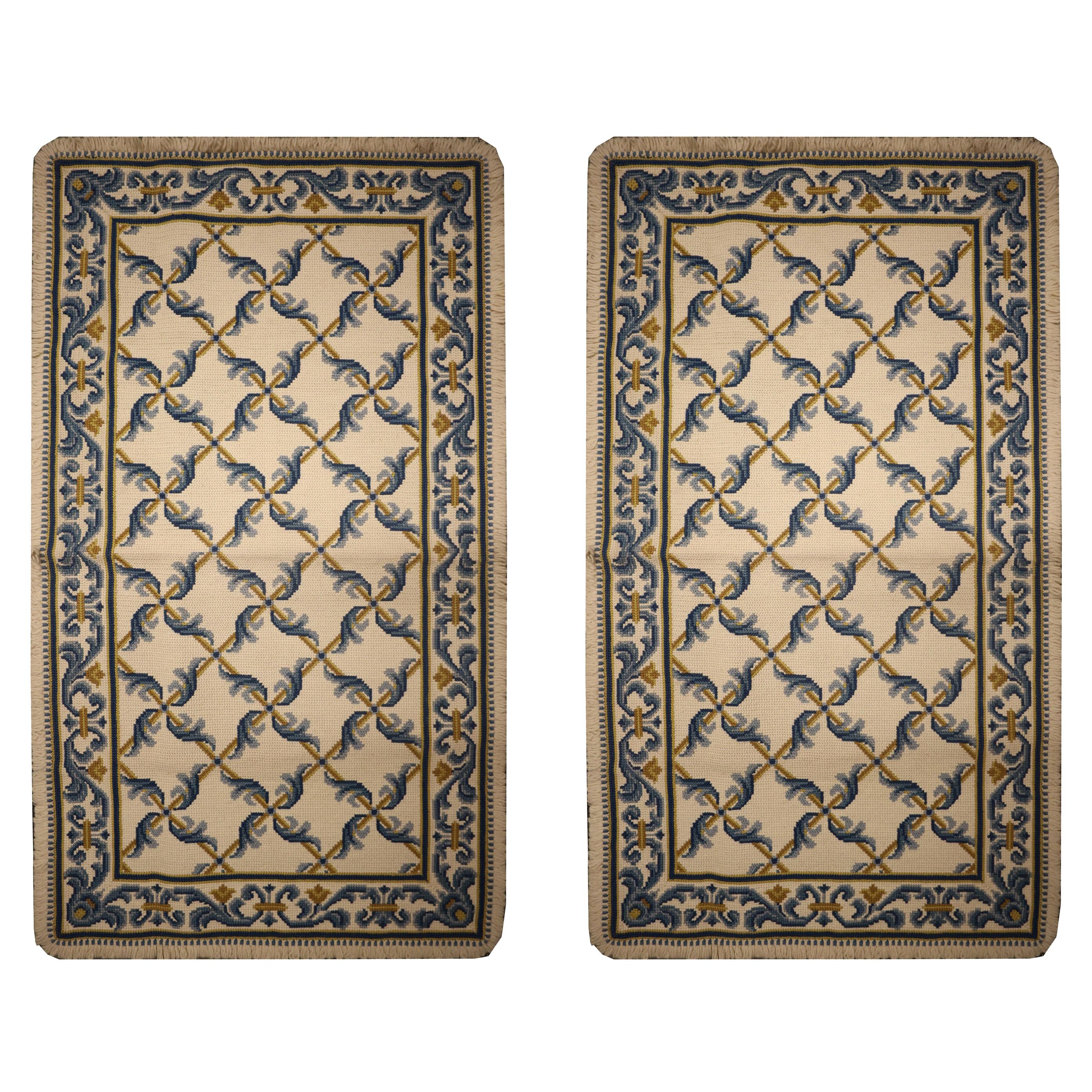Pair of Handmade Needlepoint Rugs Symmetrical Traditional Design Carpet
