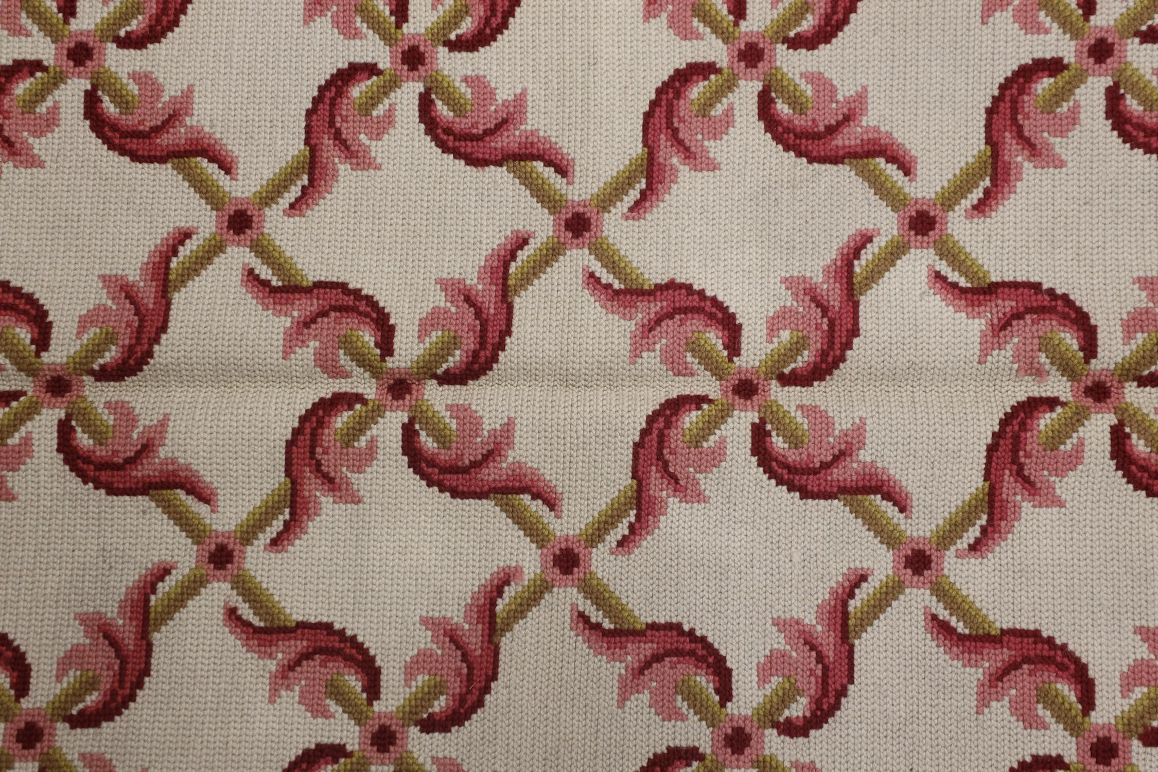 Hollywood Regency Pair of Handmade Oriental Needlepoint Rugs Traditional Pink Wool Carpet For Sale