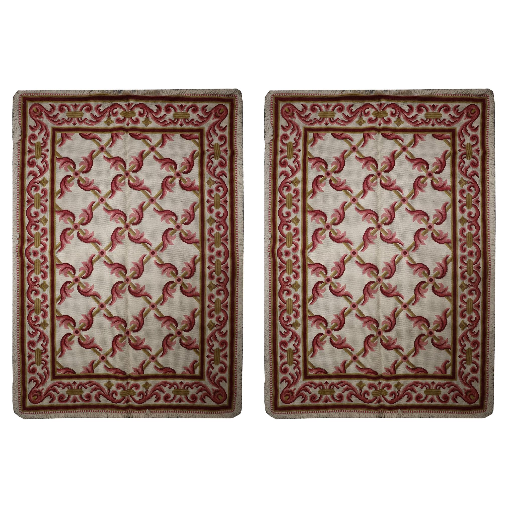 Pareja de alfombras orientales artesanales de punto de aguja Alfombra tradicional de lana rosa en venta