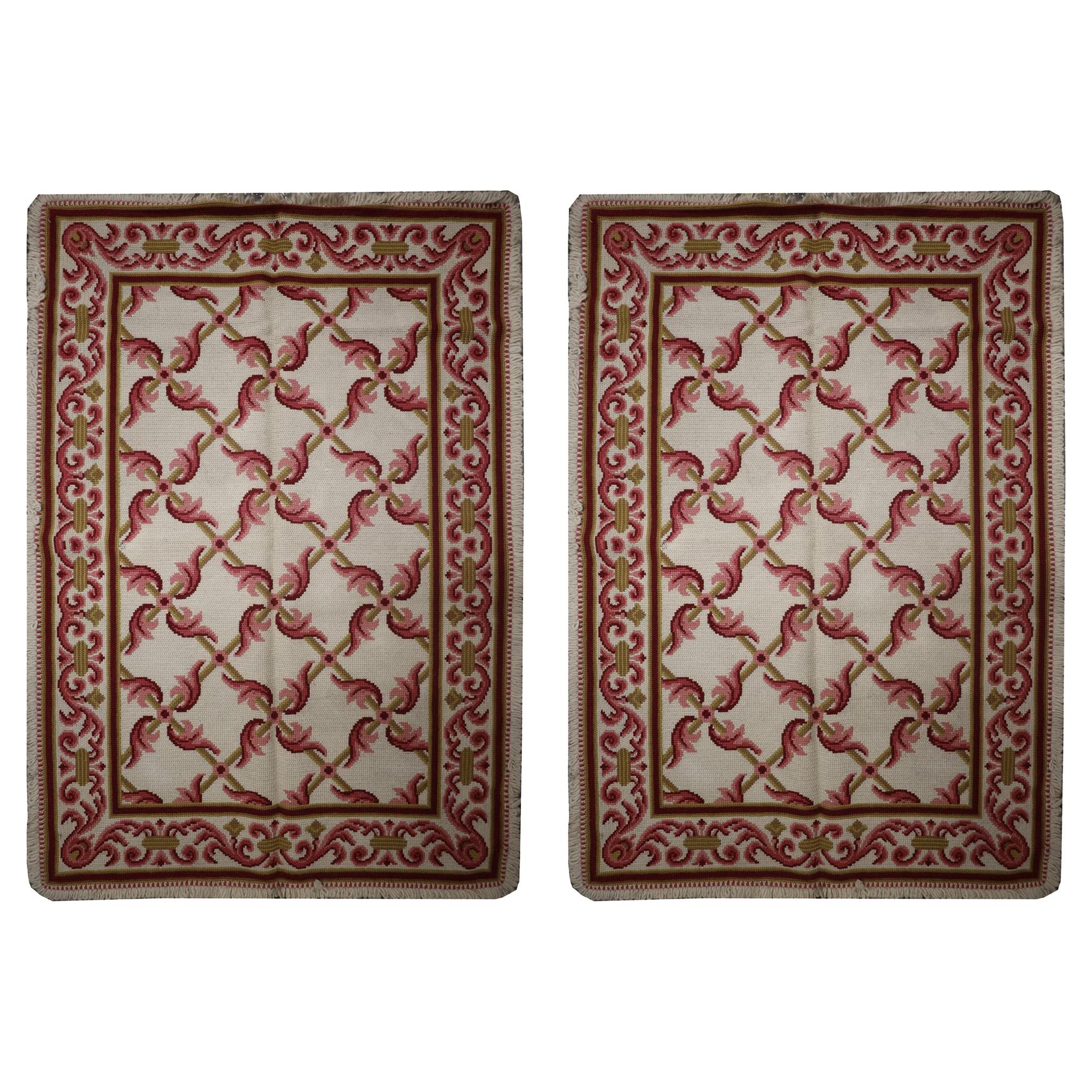 Pair of Handmade Oriental Needlepoint Rugs Traditional Pink Wool Carpet