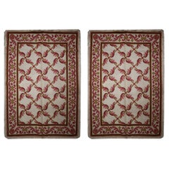 Pair of Handmade Oriental Needlepoint Rugs Traditional Pink Wool Carpet