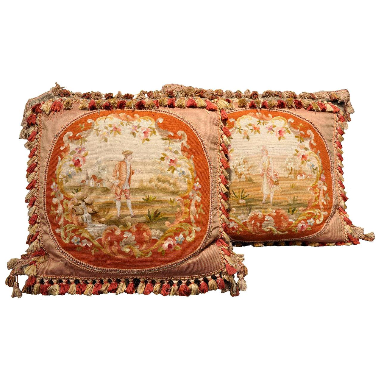 Pair of Handmade Pillows Made with 19th Century Needlepoint Tapestry