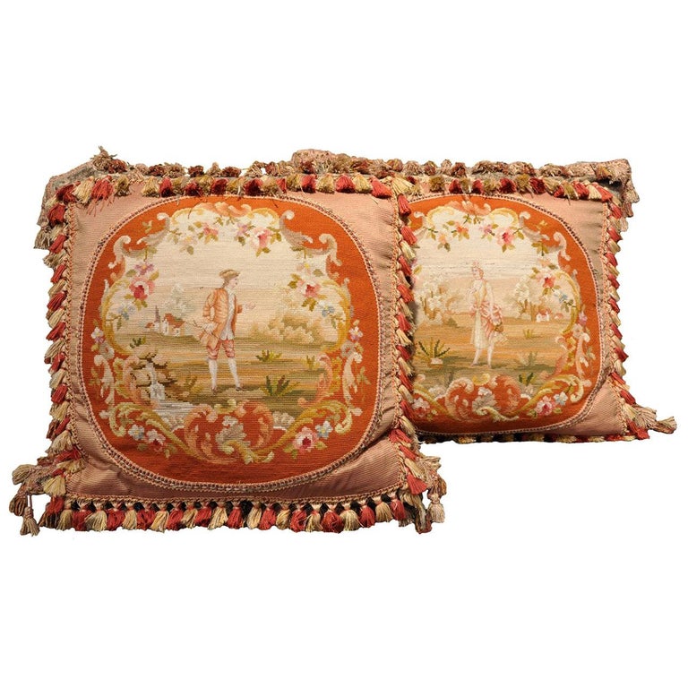 Pair of Handmade Pillows Made with 19th Century Needlepoint Tapestry and Trim For Sale at 1stdibs
