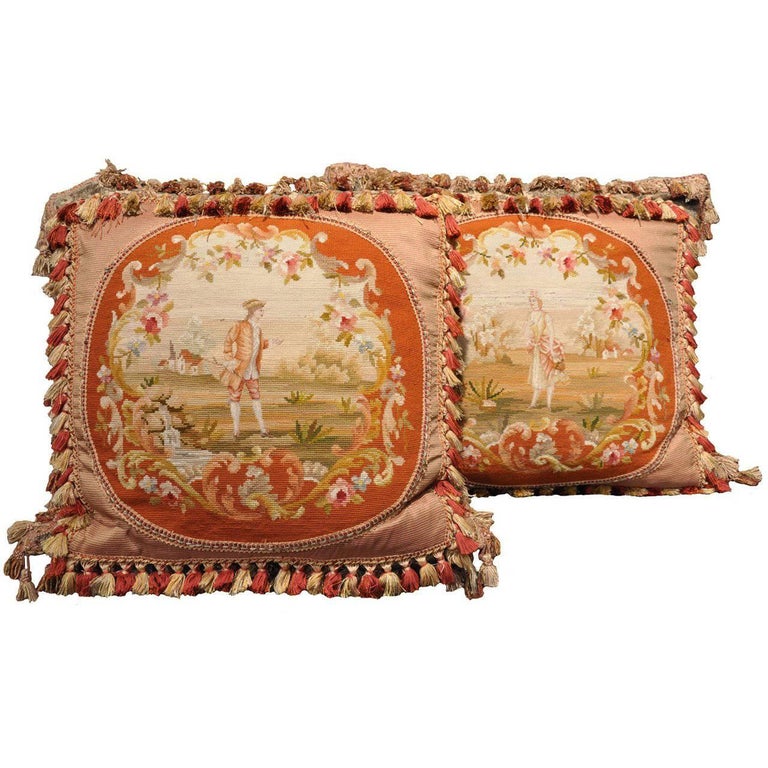 Pair of Handmade Pillows Made with Antique Needlepoint Tapestry For