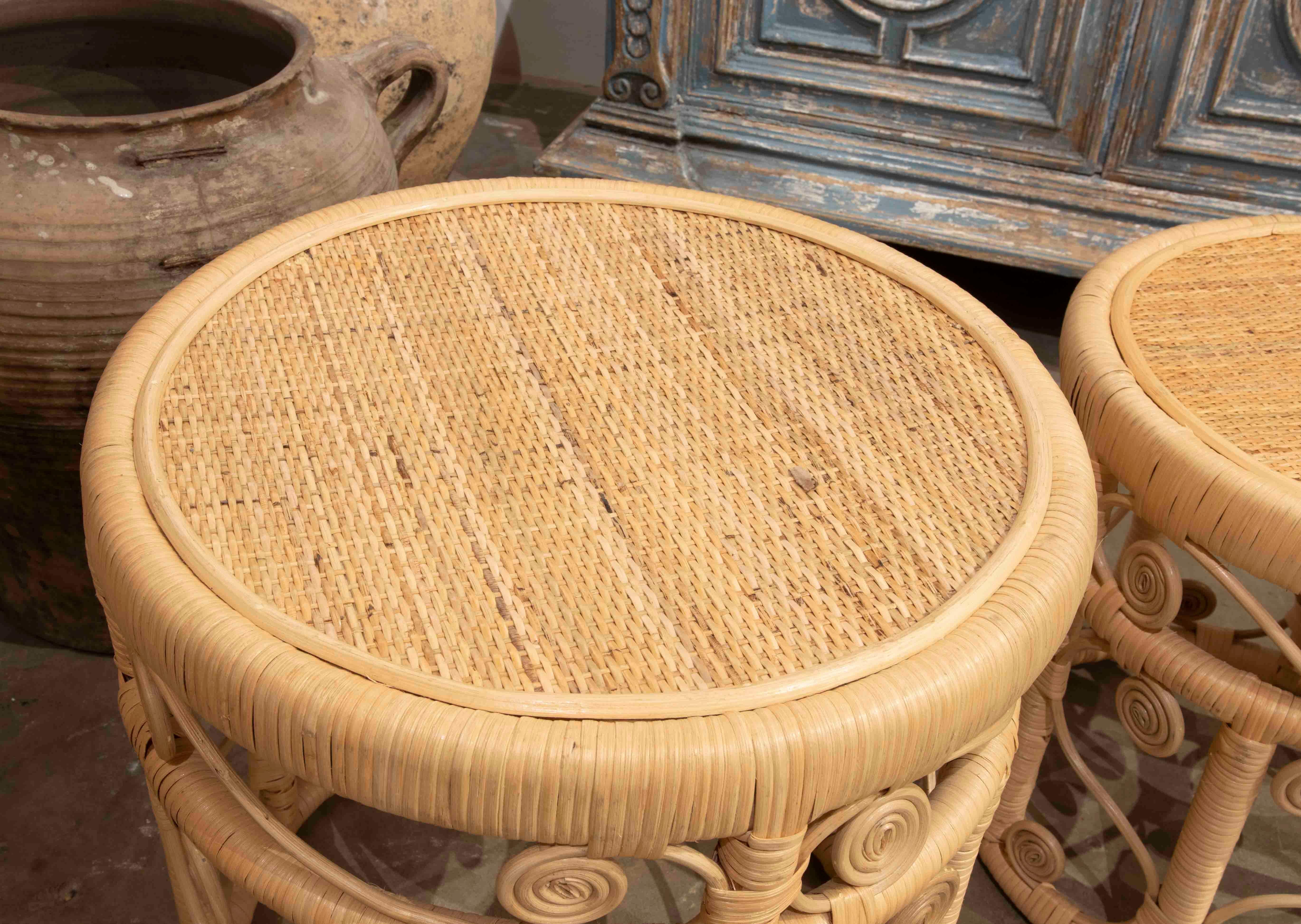 Pair of Handmade Rattan and Wicker Round Benches For Sale 1