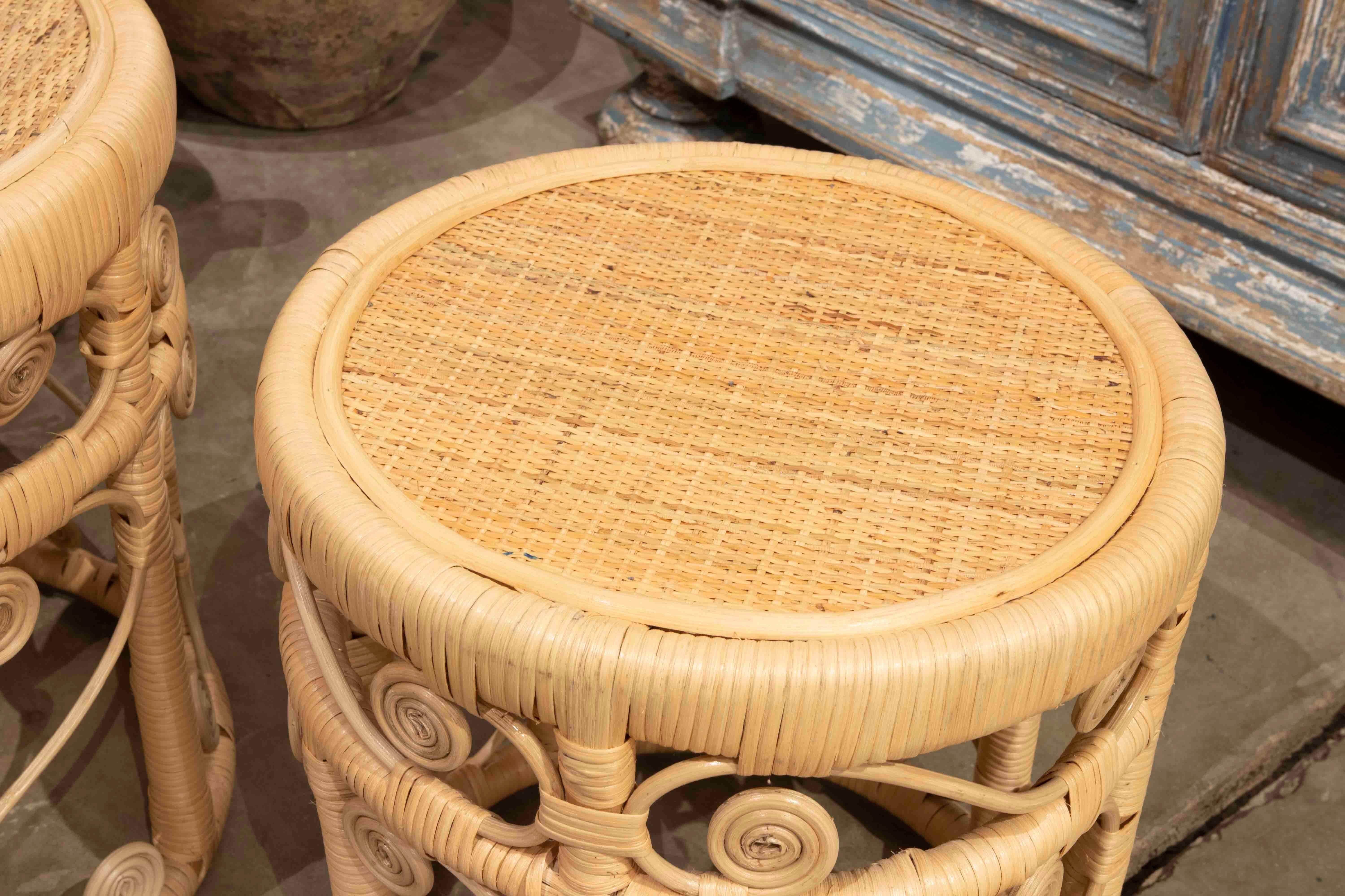 Pair of Handmade Rattan and Wicker Round Benches For Sale 2