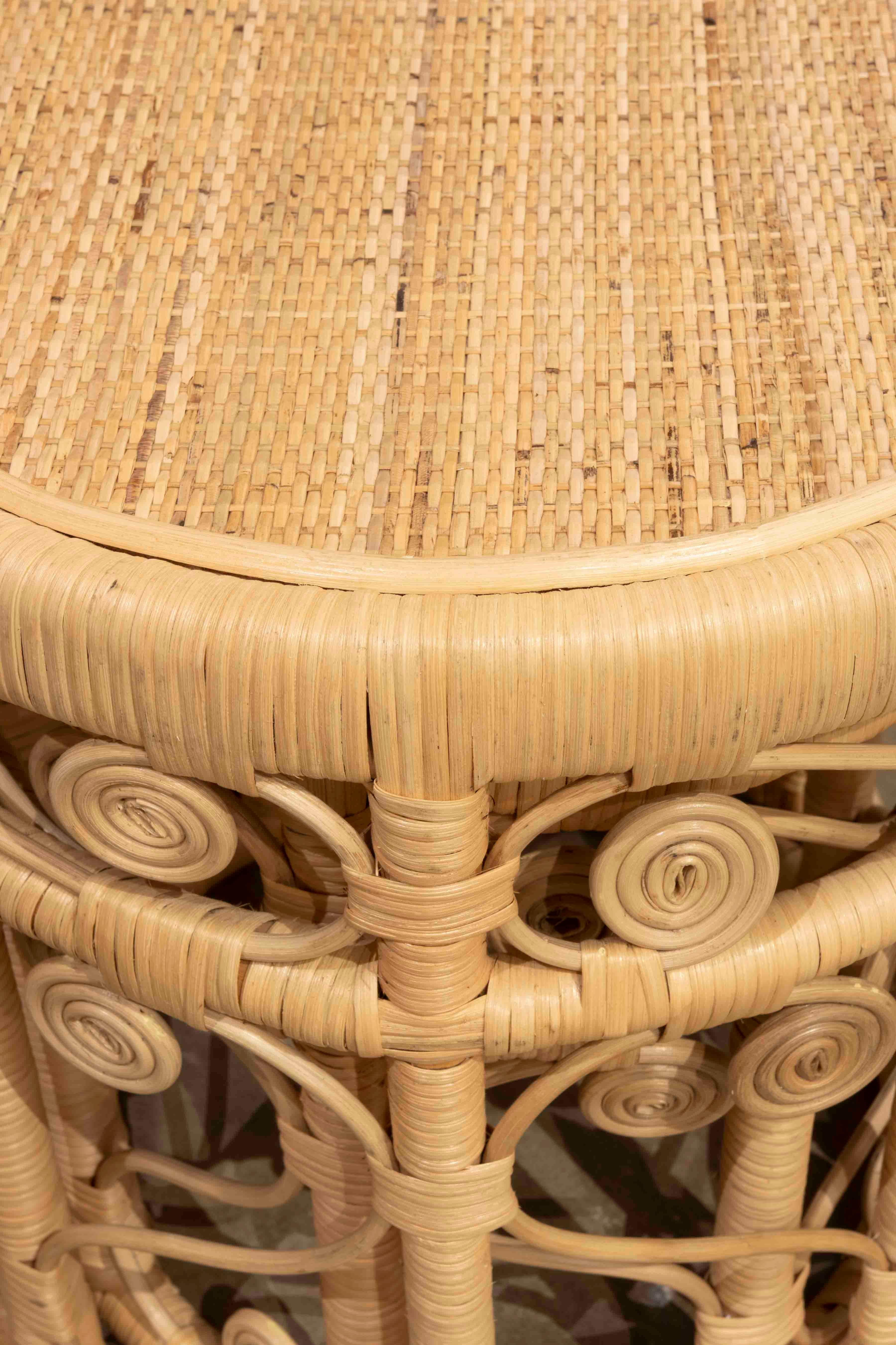 Pair of Handmade Rattan and Wicker Round Benches For Sale 5