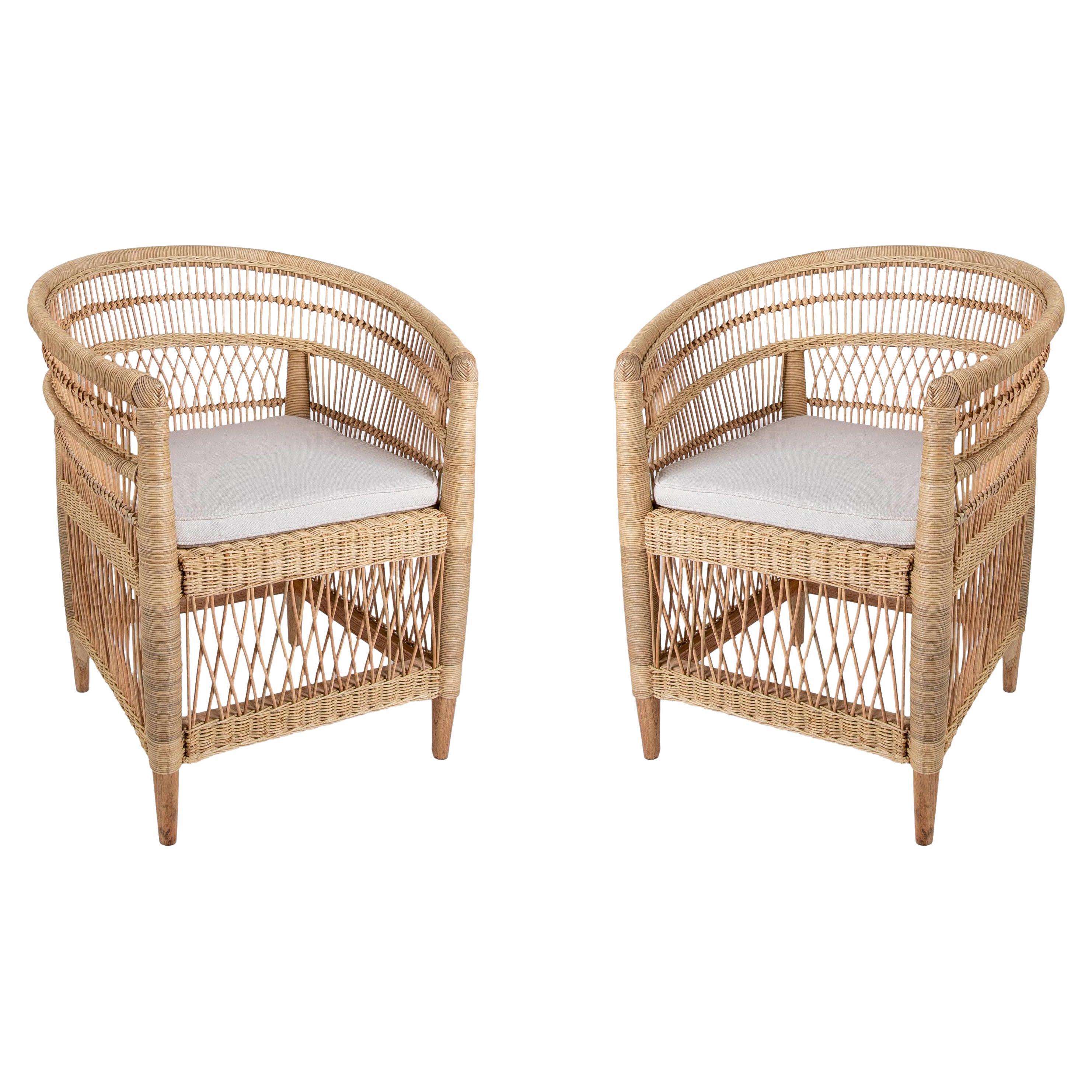 Pair of Handmade Rattan and Wooden Armchairs For Sale