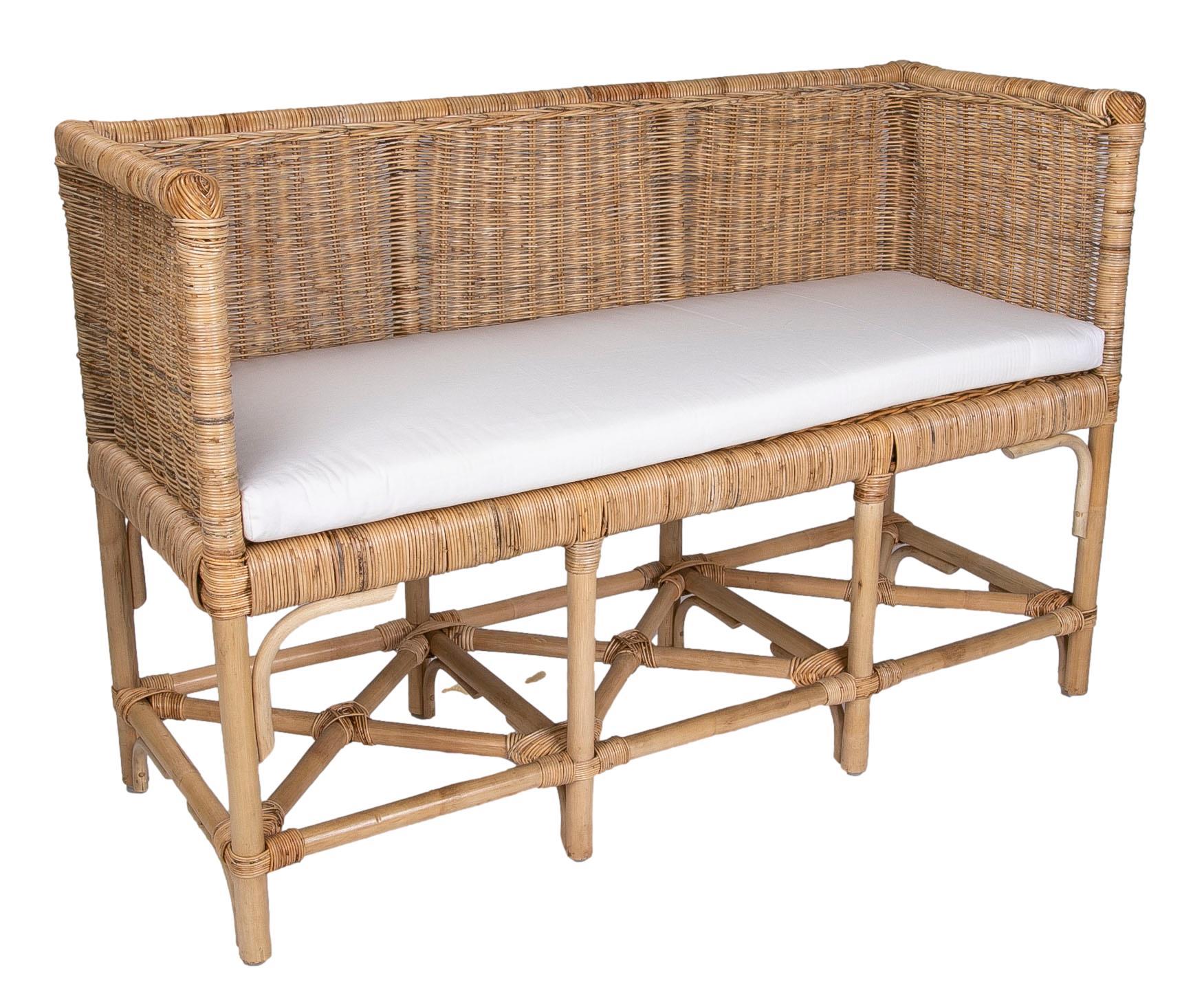 European Pair of Handmade Rattan Benches with Straight Arms and Backrest