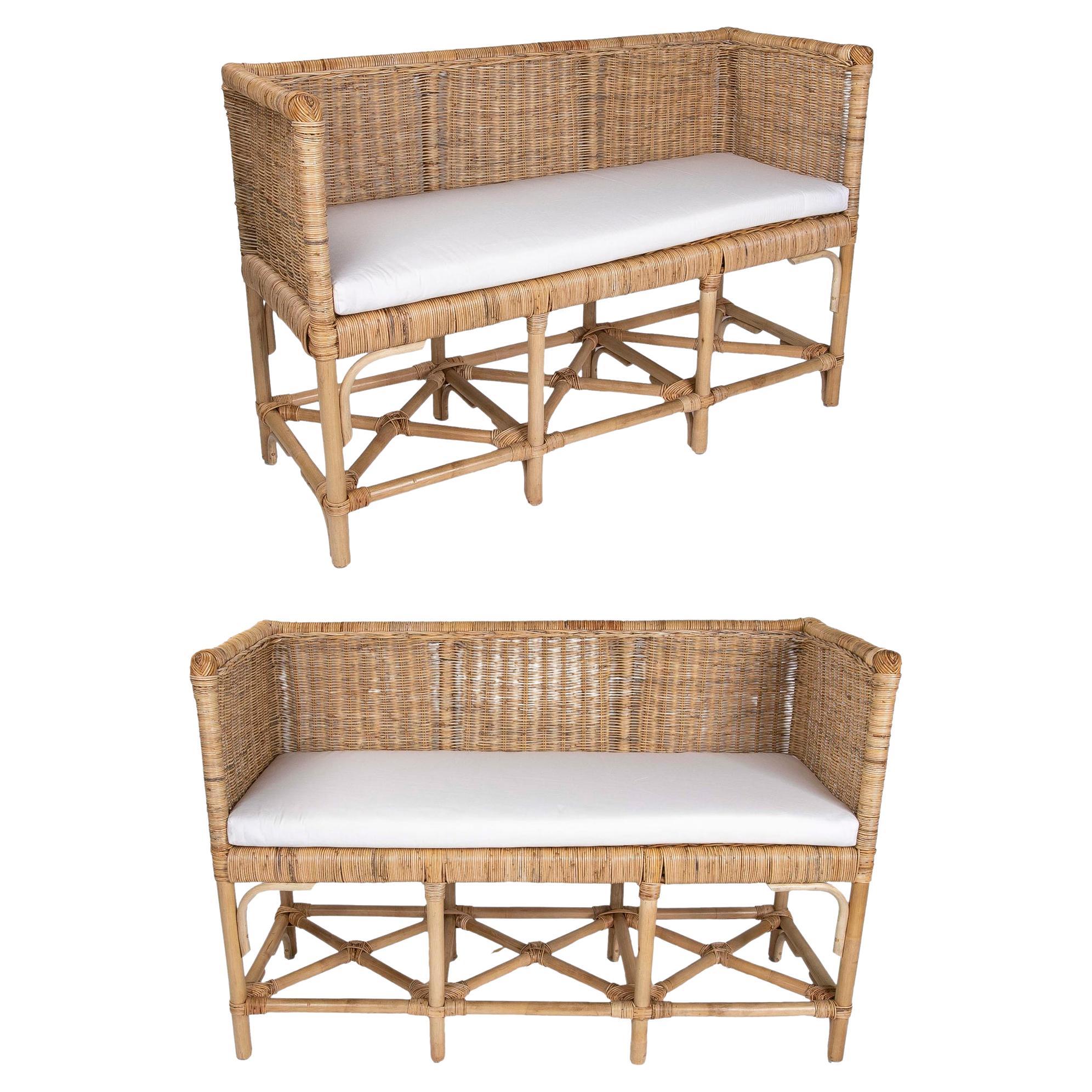 Pair of Handmade Rattan Benches with Straight Arms and Backrest