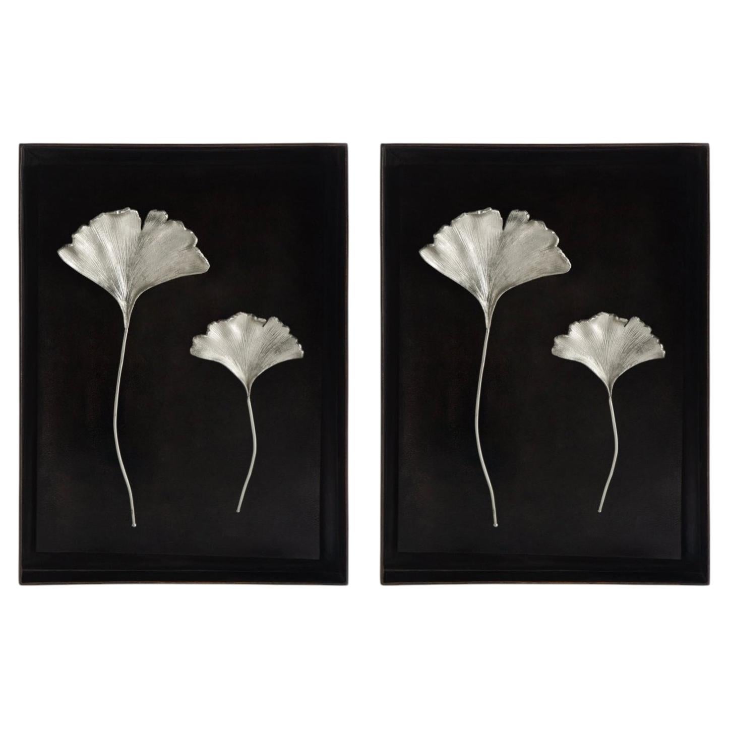 Pair of Handmade Silver Ginkgo Leaf Shadow Boxes