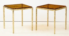 Pair of Handcrafted Textured Brass and Gold Fractal Resin Top Side Tables, Italy