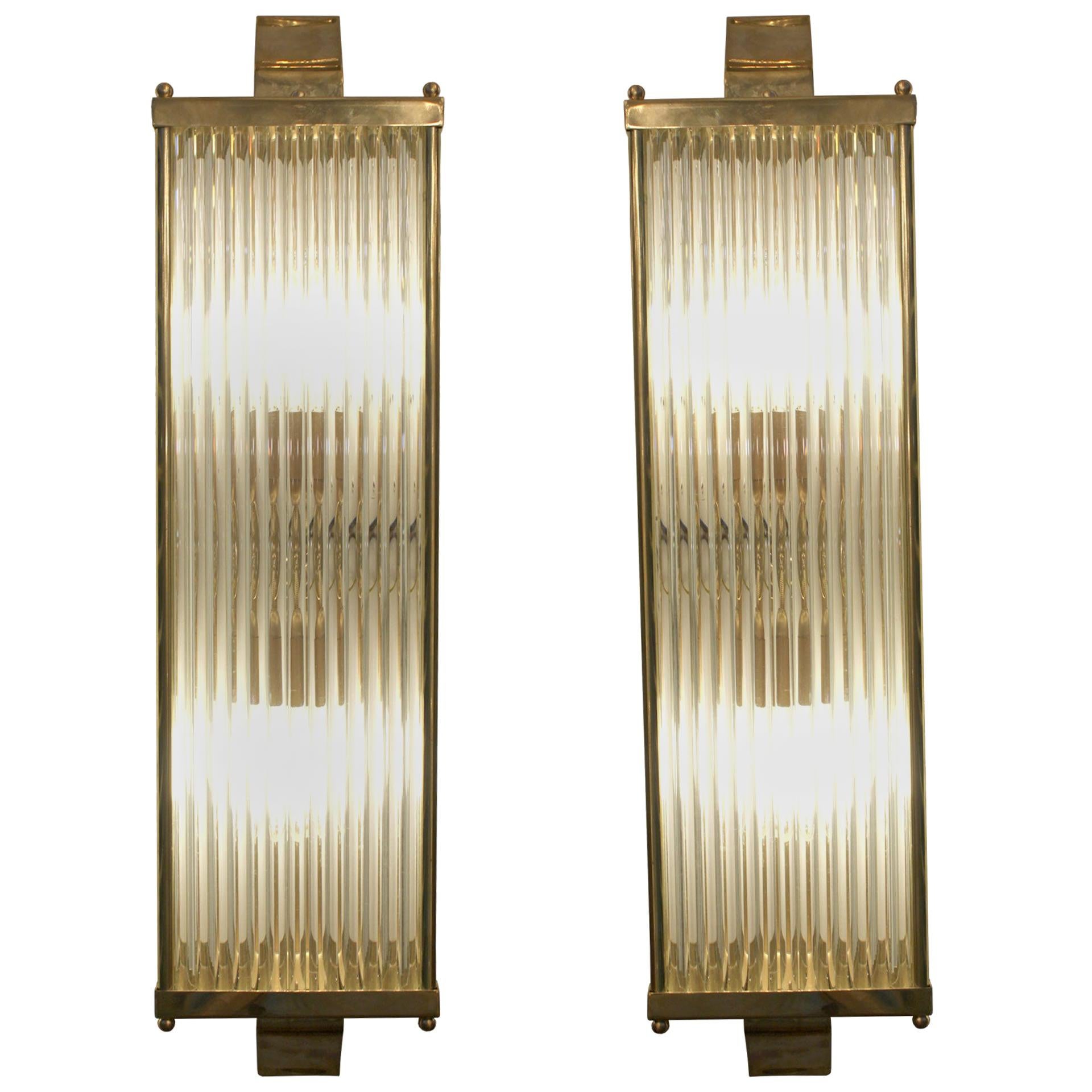 Handmade Venetian Art Deco Style Wall Lights in Brass & Tubular Glass Rod, Pair