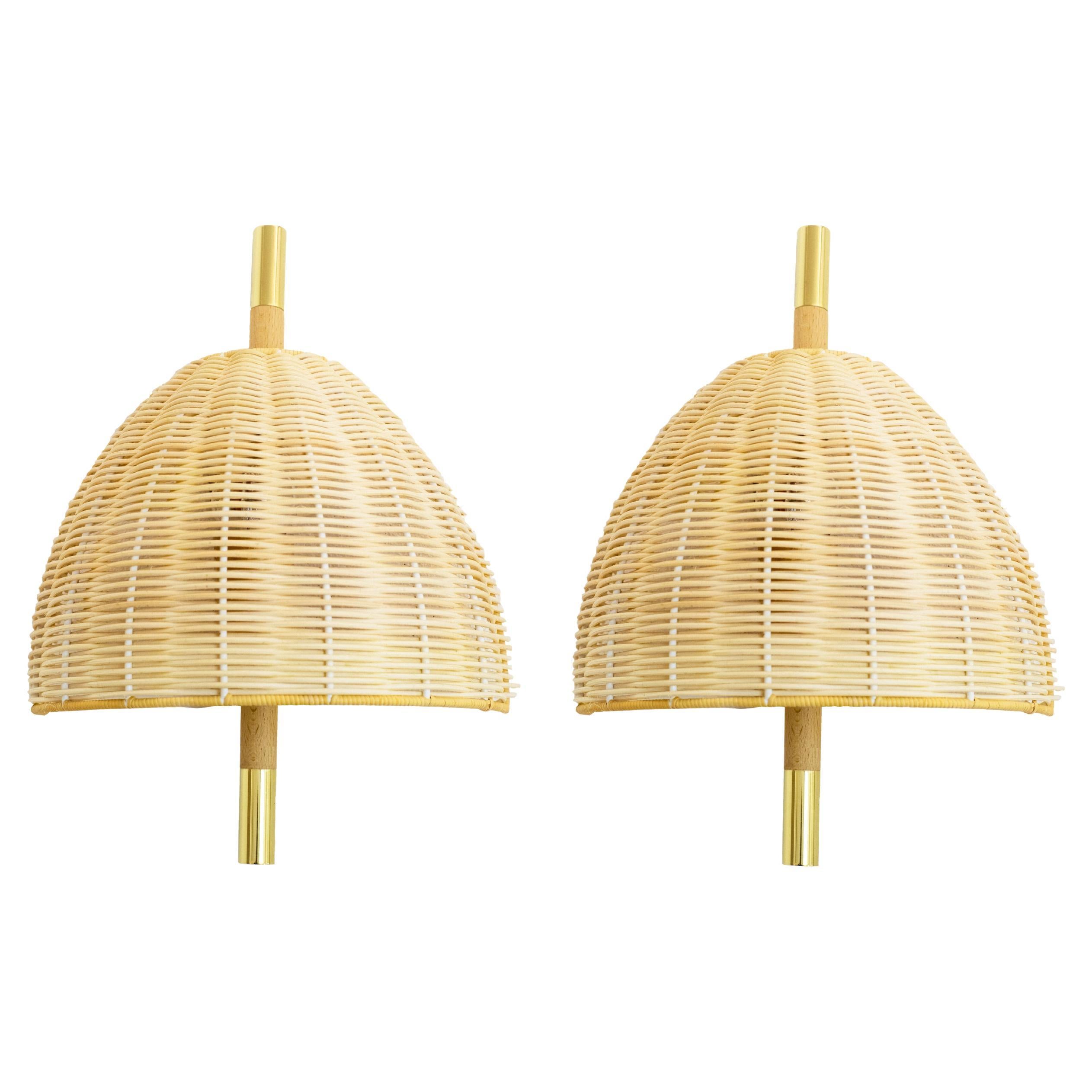 Pair of, Handmade, Wall Lamp, Natural Rattan Brass, Mediterranean Objects For Sale