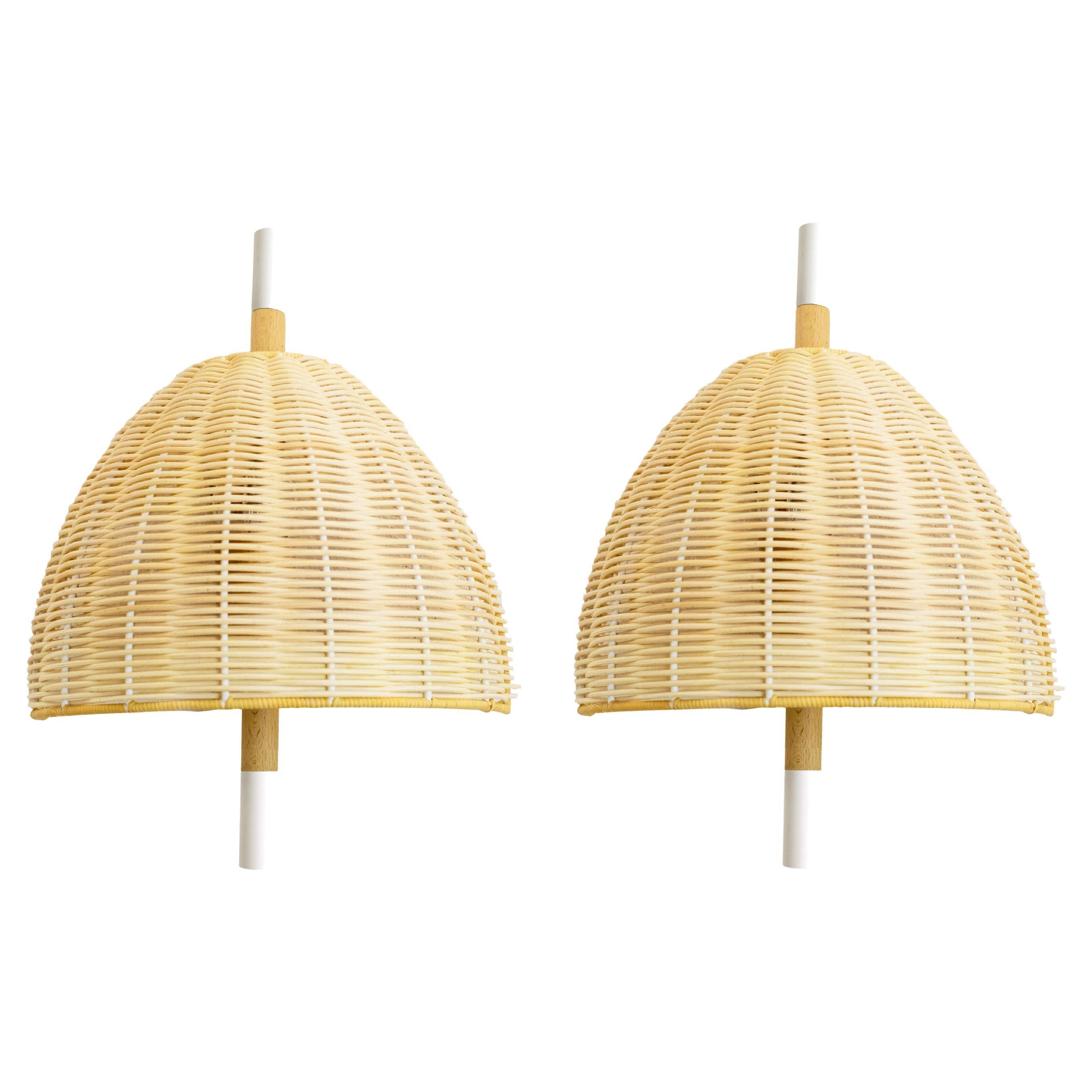 Pair of, Handmade Wall Lamp, Natural Rattan, White, Mediterranean Objects For Sale