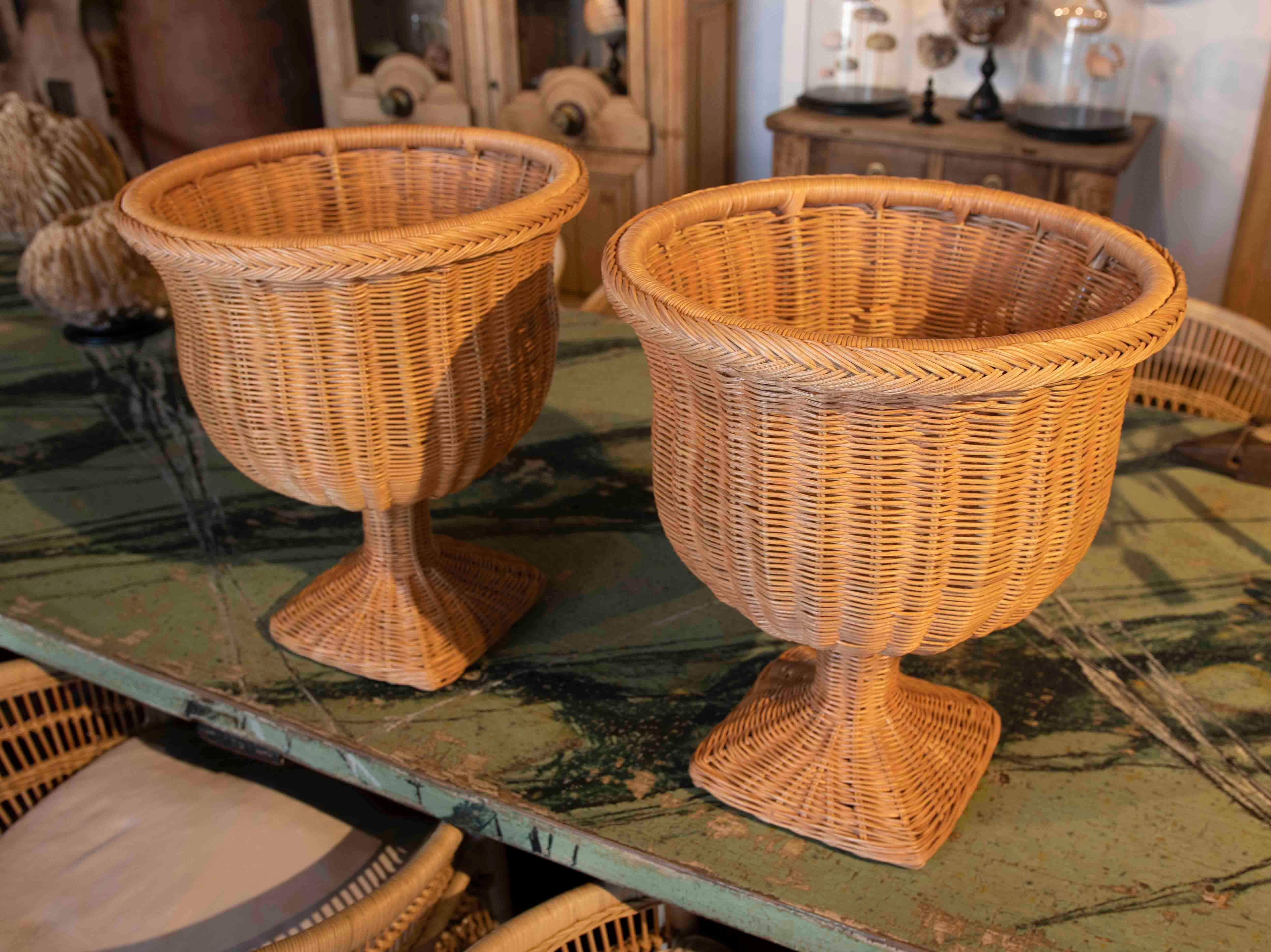Pair of Handmade Wicker Urns with Rectangular Bases and Iron Structure For Sale 7