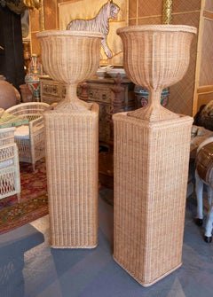 Pair of Handmade Wicker Urns with Rectangular Bases and Iron Structure