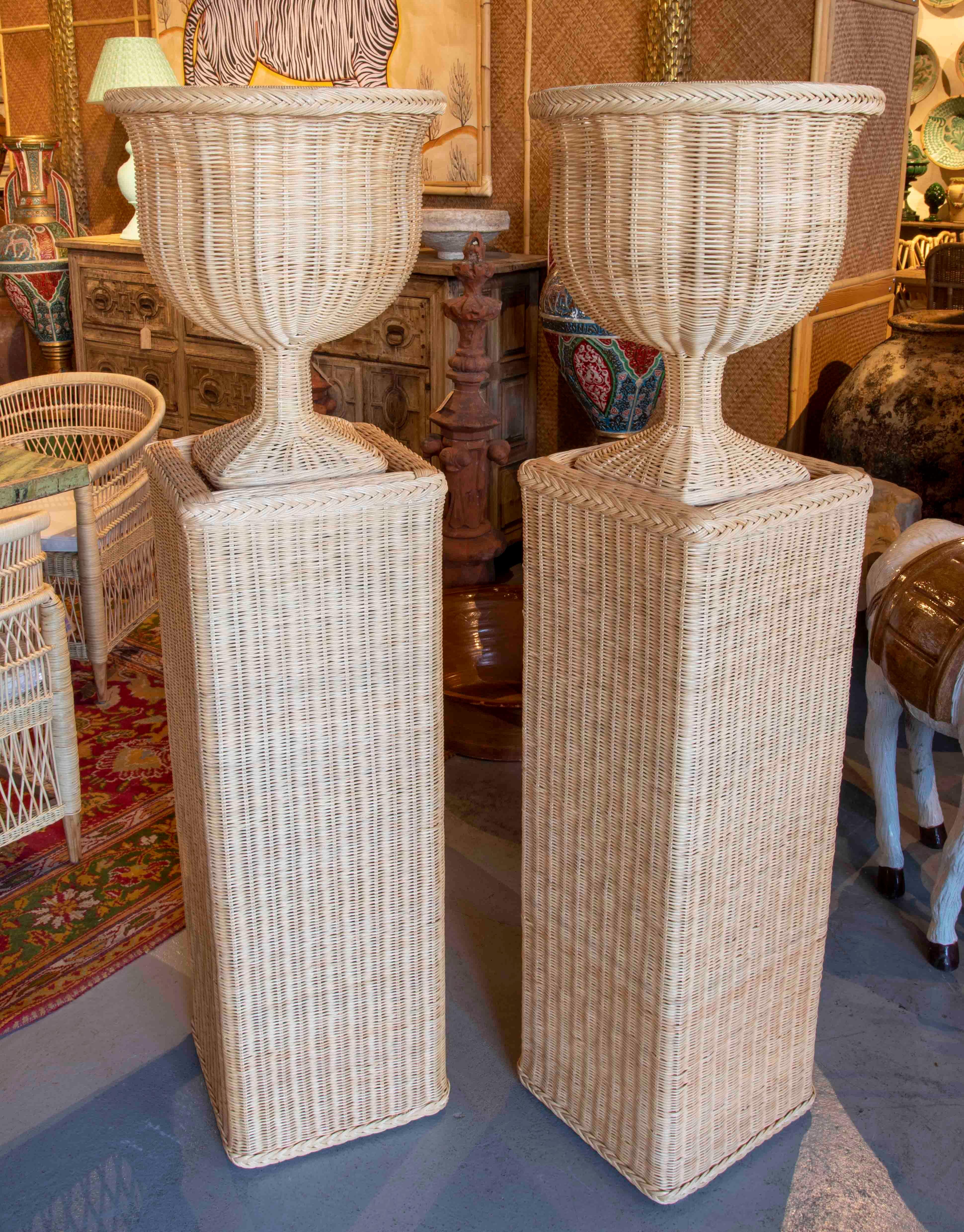 Européen Paire d'urnes en osier faites à la main avec bases rectangulaires et structure en fer en vente