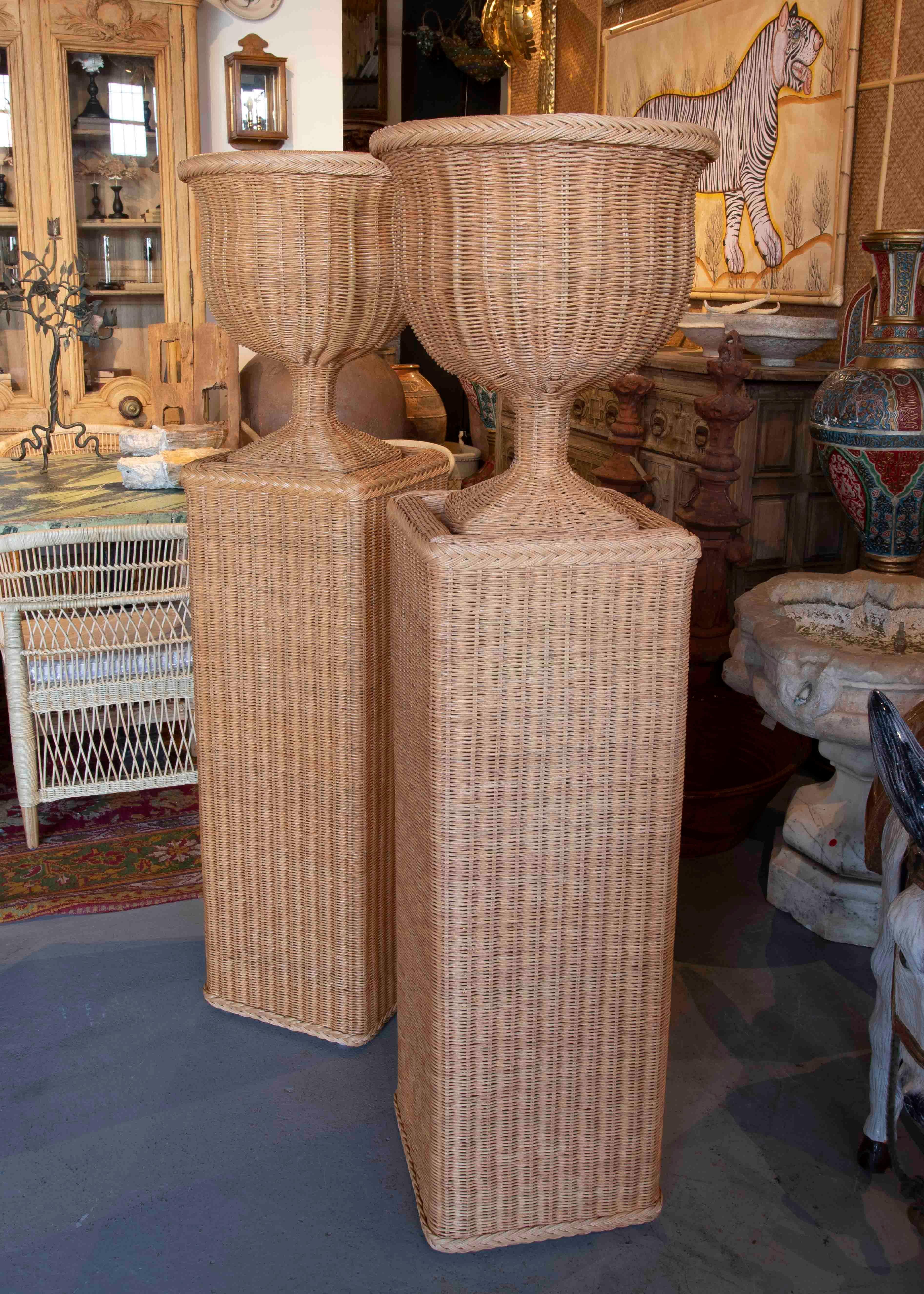 wicker urn and pedestal
