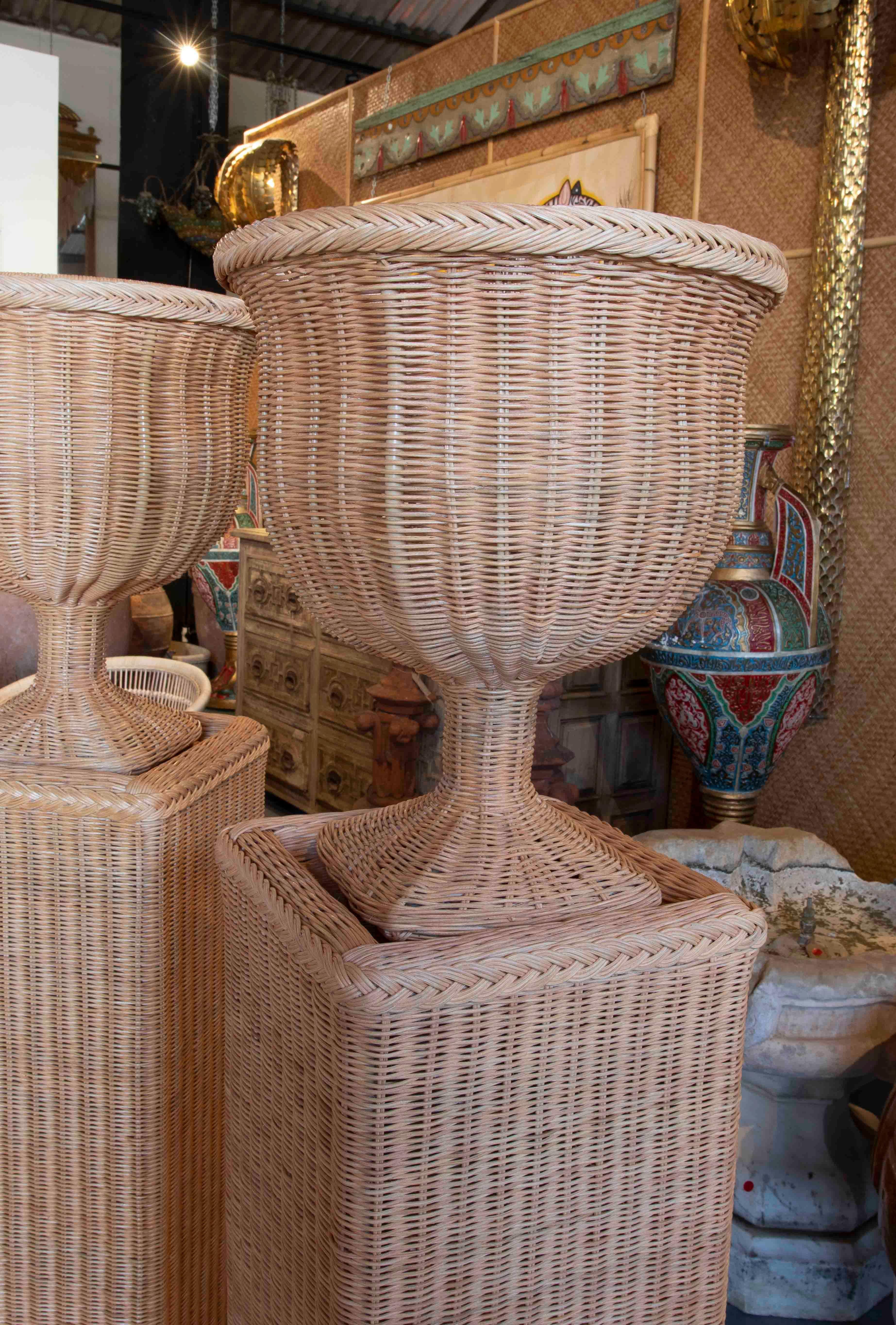 European Pair of Handmade Wicker Urns with Rectangular Bases and Iron Structure For Sale