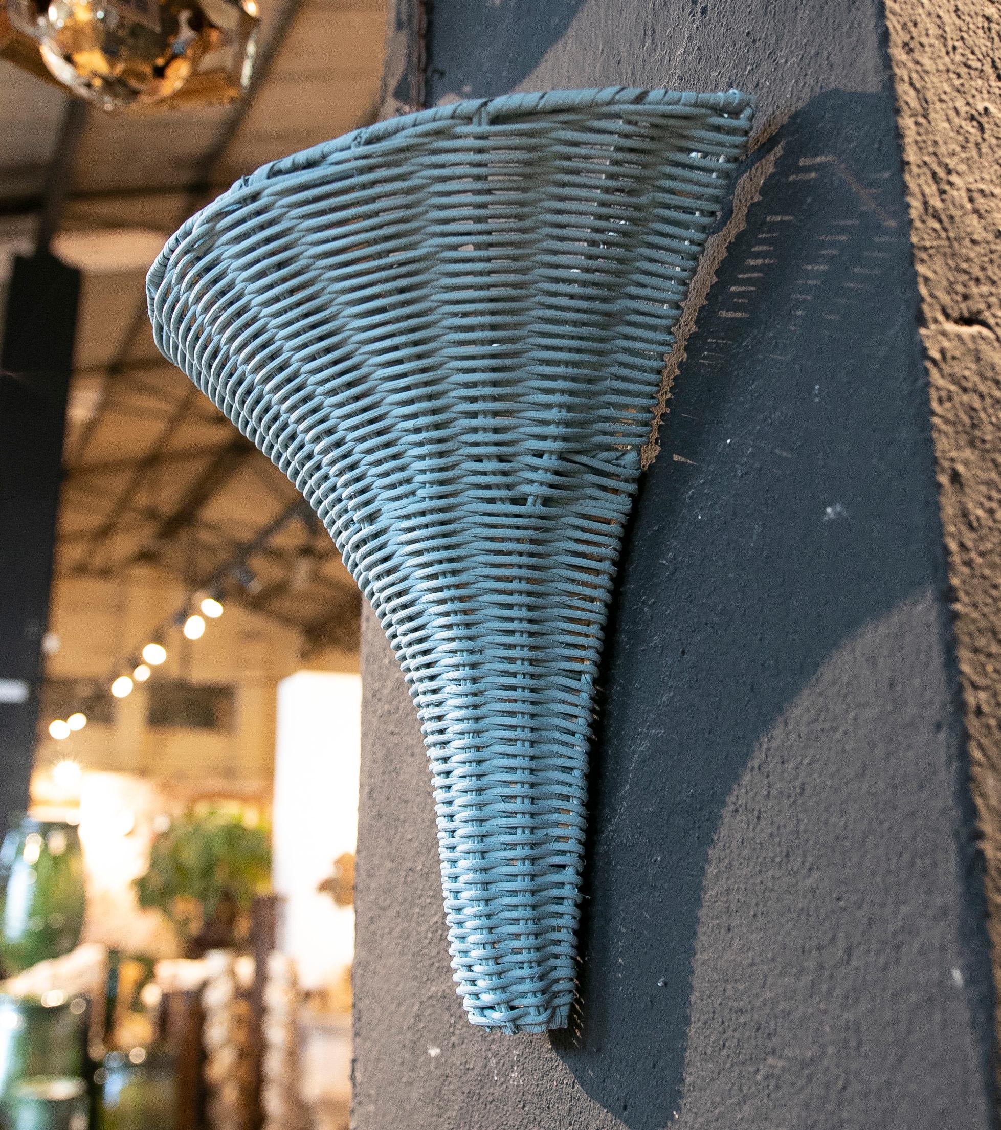 Pair of Handmade Wicker Wall Sconces Painted in Blue For Sale 2