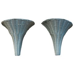 Pair of Handmade Wicker Wall Sconces Painted in Blue
