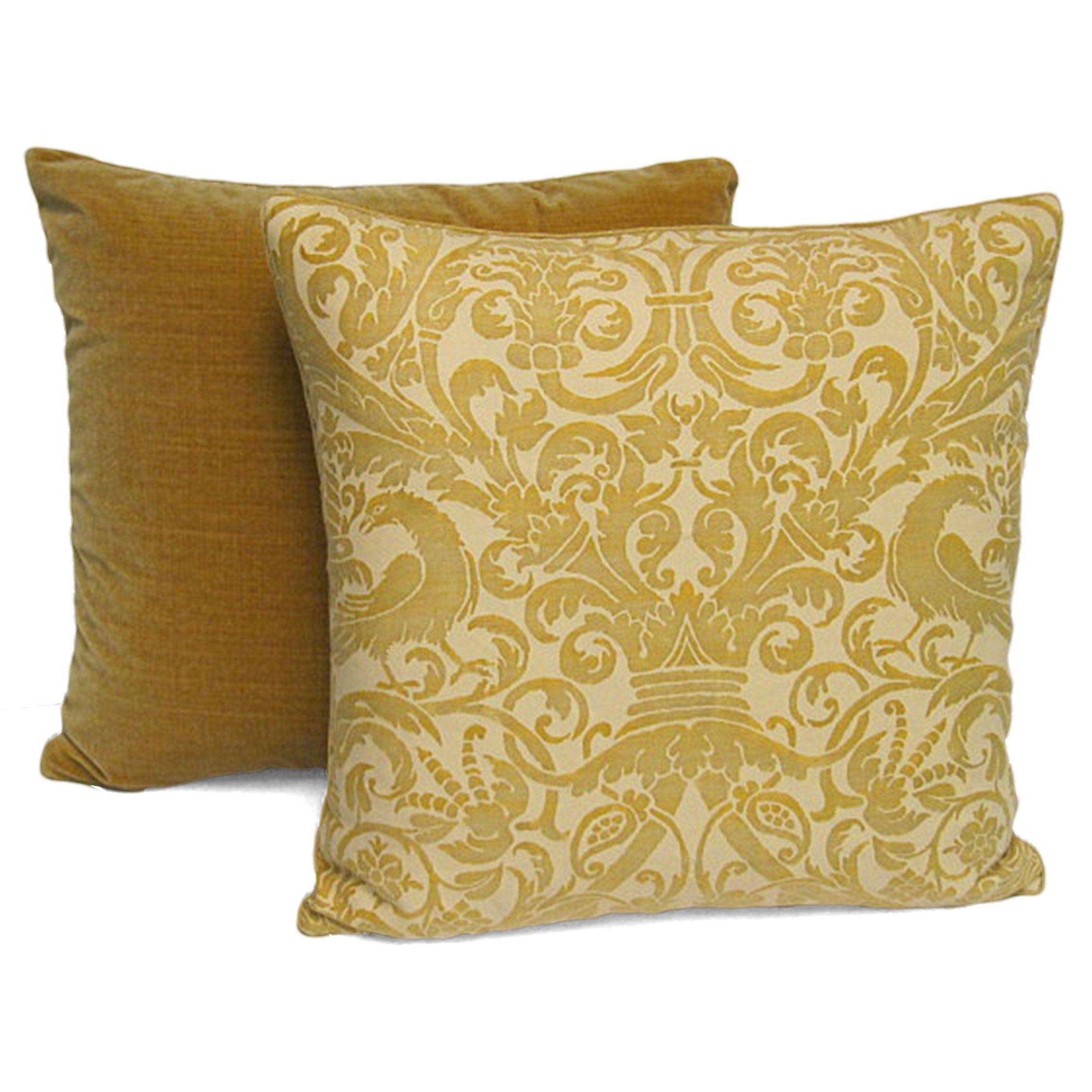 Pair of handmade yellow cotton and velvet pillows with a rope trim. The pattern, depicting birds and floral motifs, is based on a 17th century French design. 100% goose down filling.
