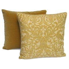 Pair of Handmade Yellow Cotton and Velvet Pillows with a Rope Trim