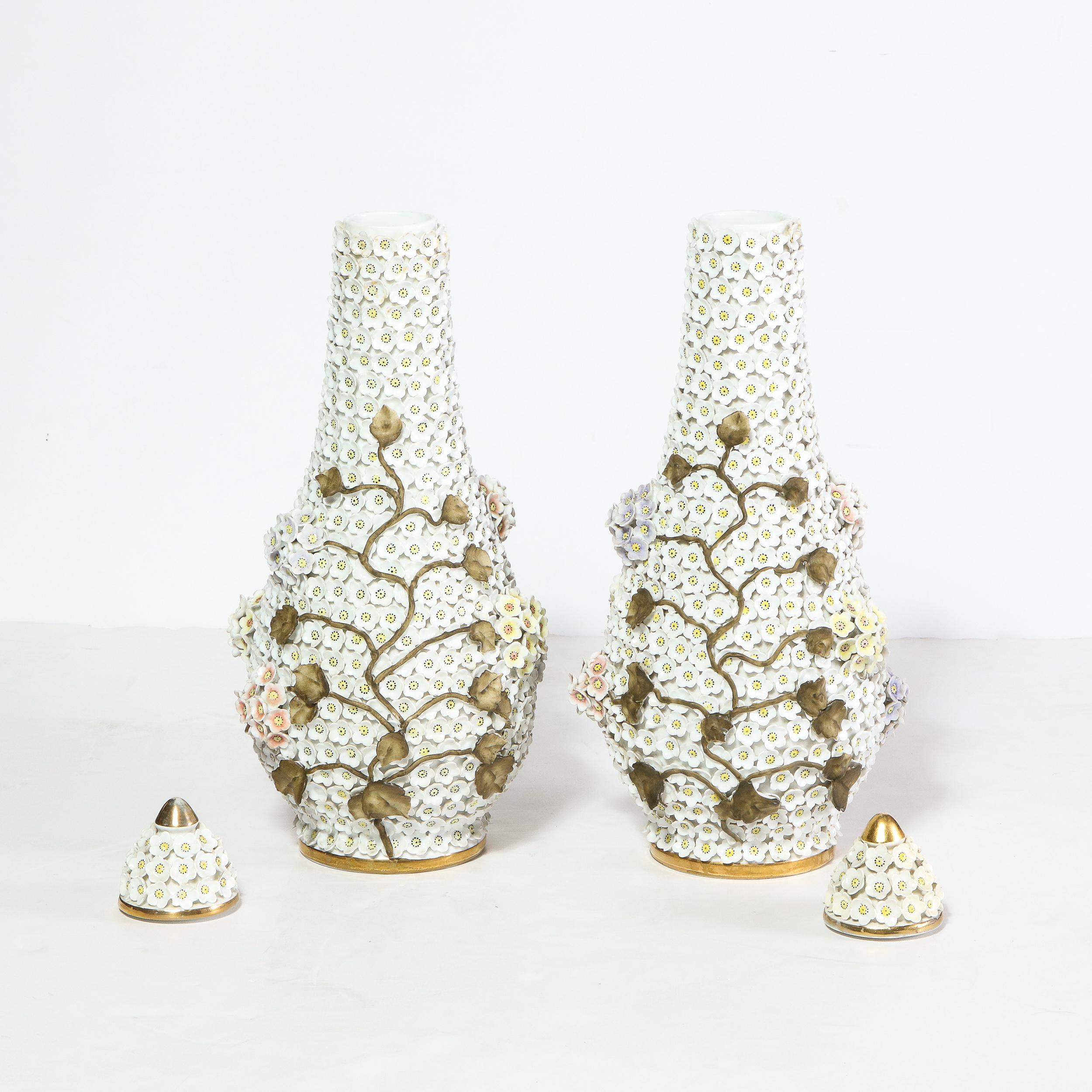 Pair of Handpainted Lidded Snowballen Vases with Gilt accents & Floral Appliques 3