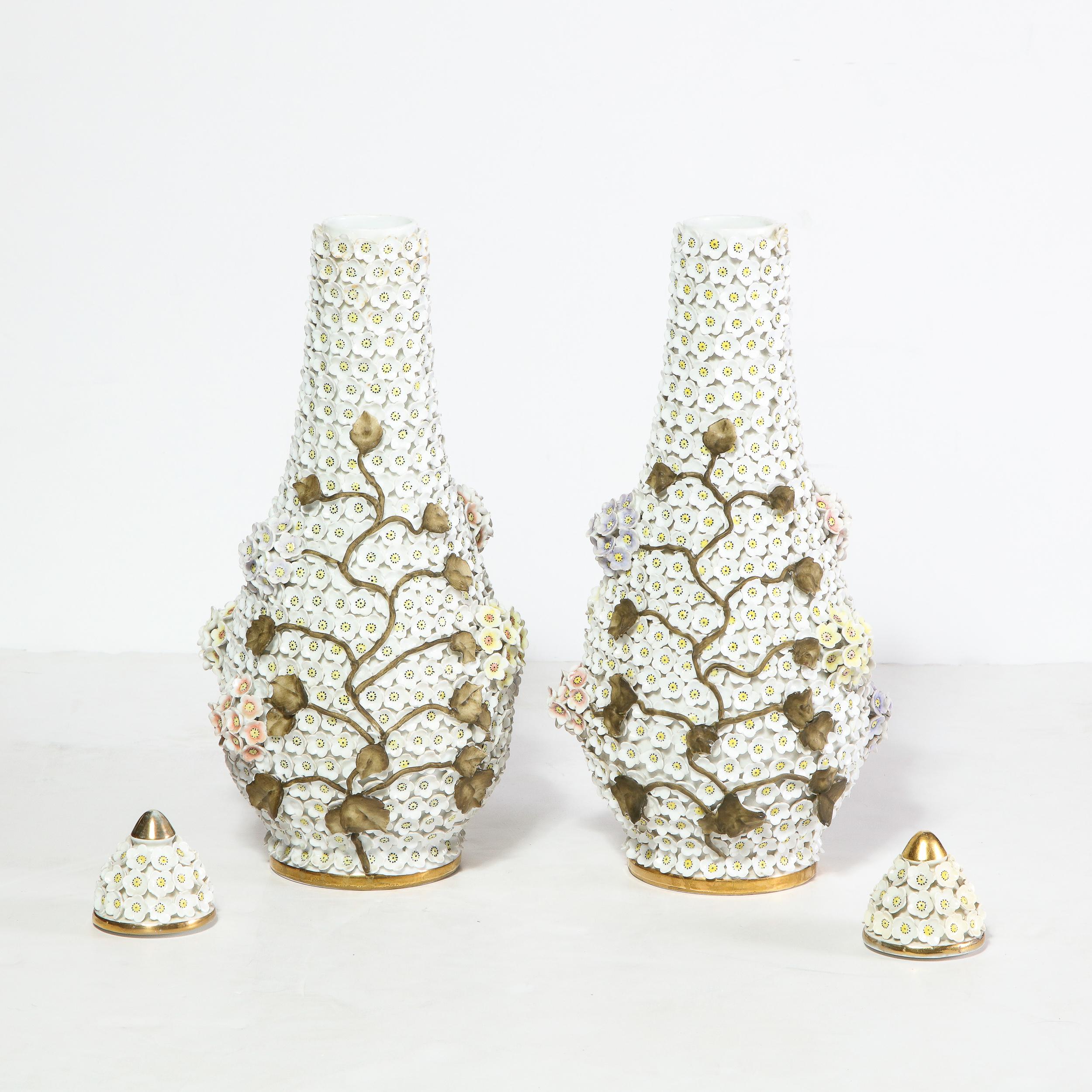 Pair of Handpainted Lidded Snowballen Vases with Gilt accents & Floral Appliques 4