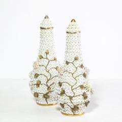 Pair of Handpainted Lidded Snowballen Vases with Gilt accents & Floral Appliques